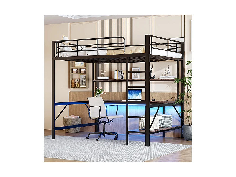Cama alta, 140x200 cm, con escalera, USB, enchufe, LED, escritorio y estantes, Metal, Negro (204x145x180 cm)
