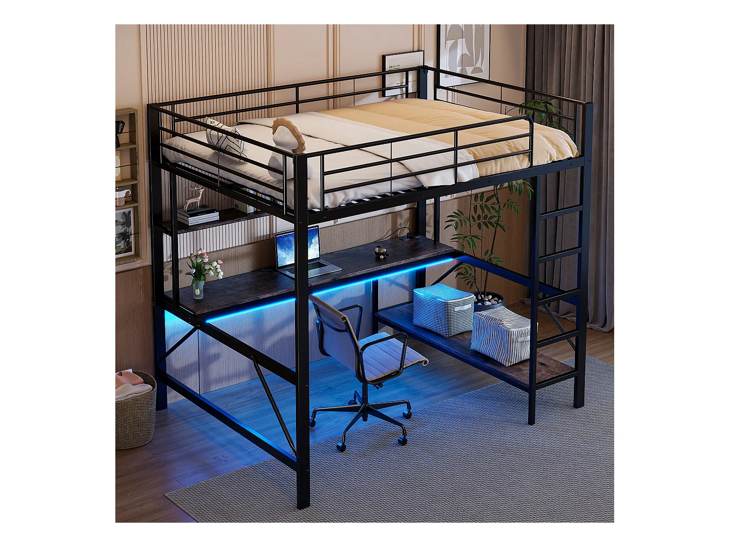 Lit mezzanine, 140x200 cm, avec échelle, USB, prise, LED, bureau et étagères, Métal, Noir (204x145x180 cm)