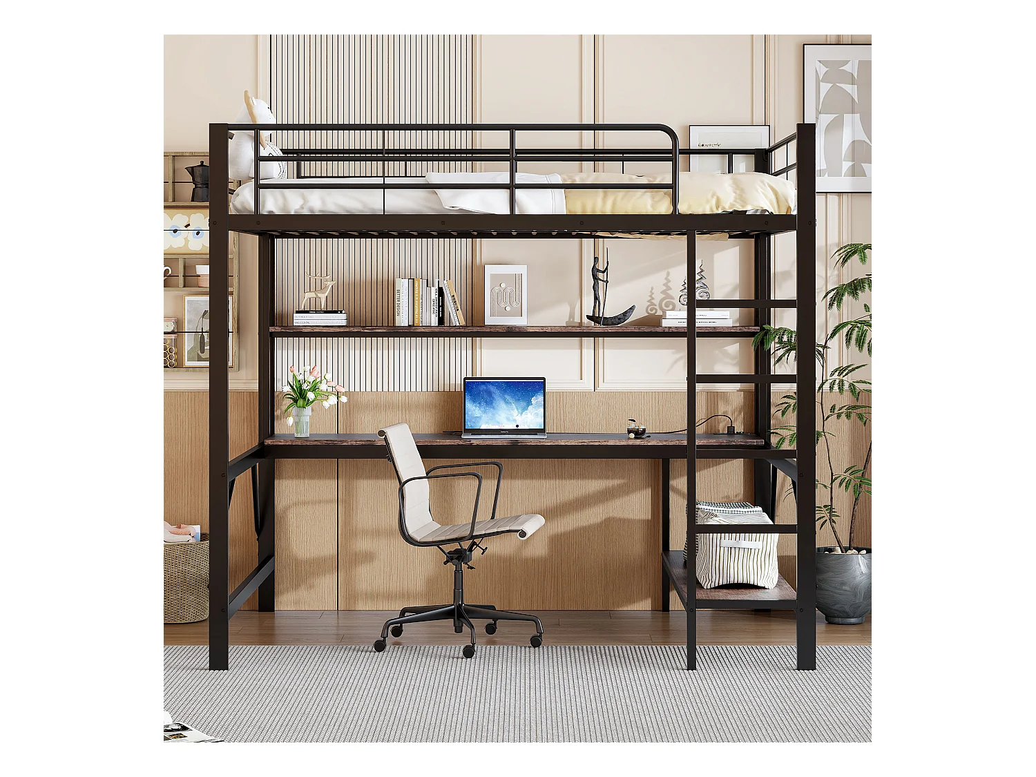 Lit mezzanine, 140x200 cm, avec échelle, USB, prise, LED, bureau et étagères, Métal, Noir (204x145x180 cm)