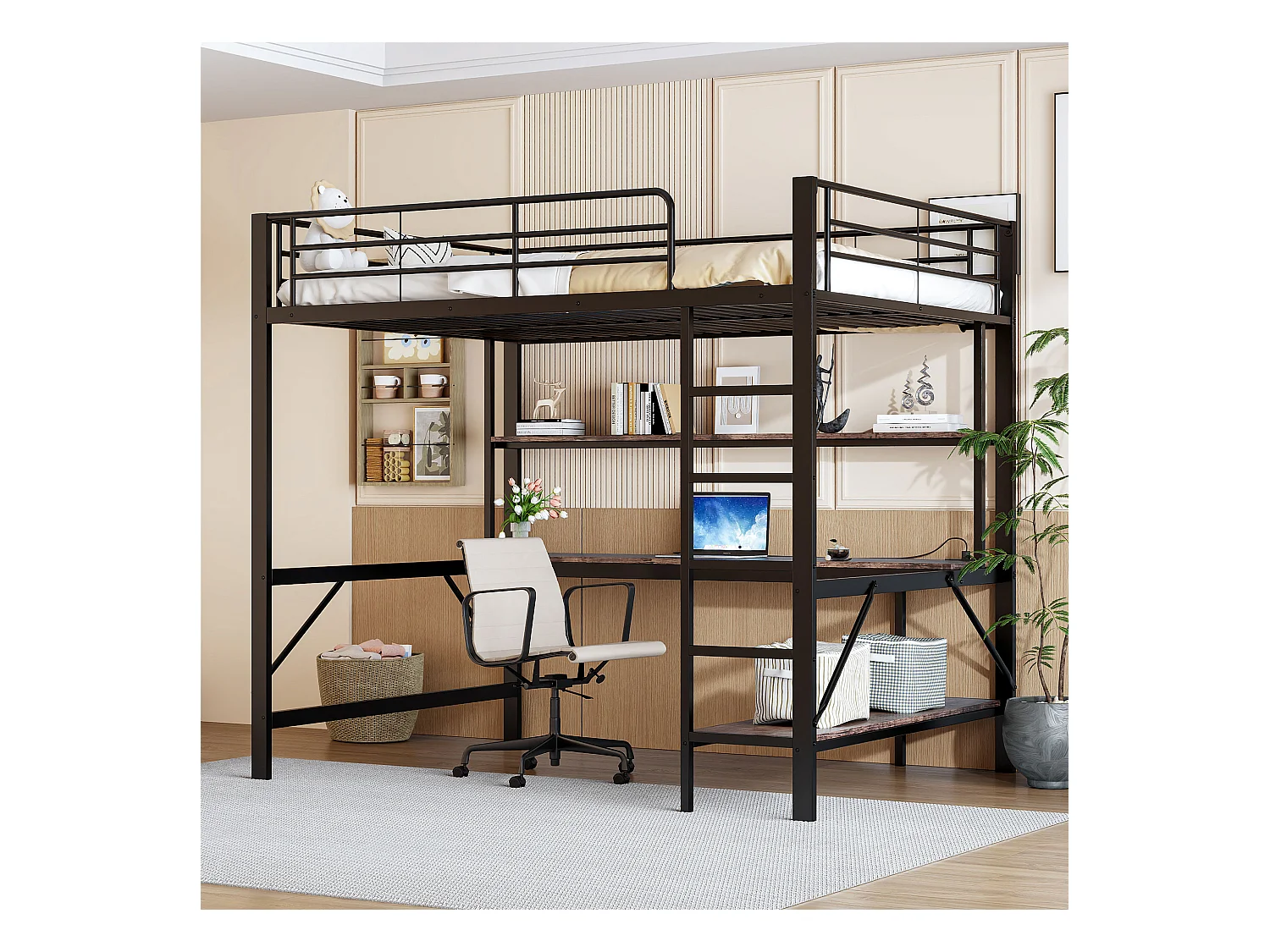 Lit mezzanine, 140x200 cm, avec échelle, USB, prise, LED, bureau et étagères, Métal, Noir (204x145x180 cm)