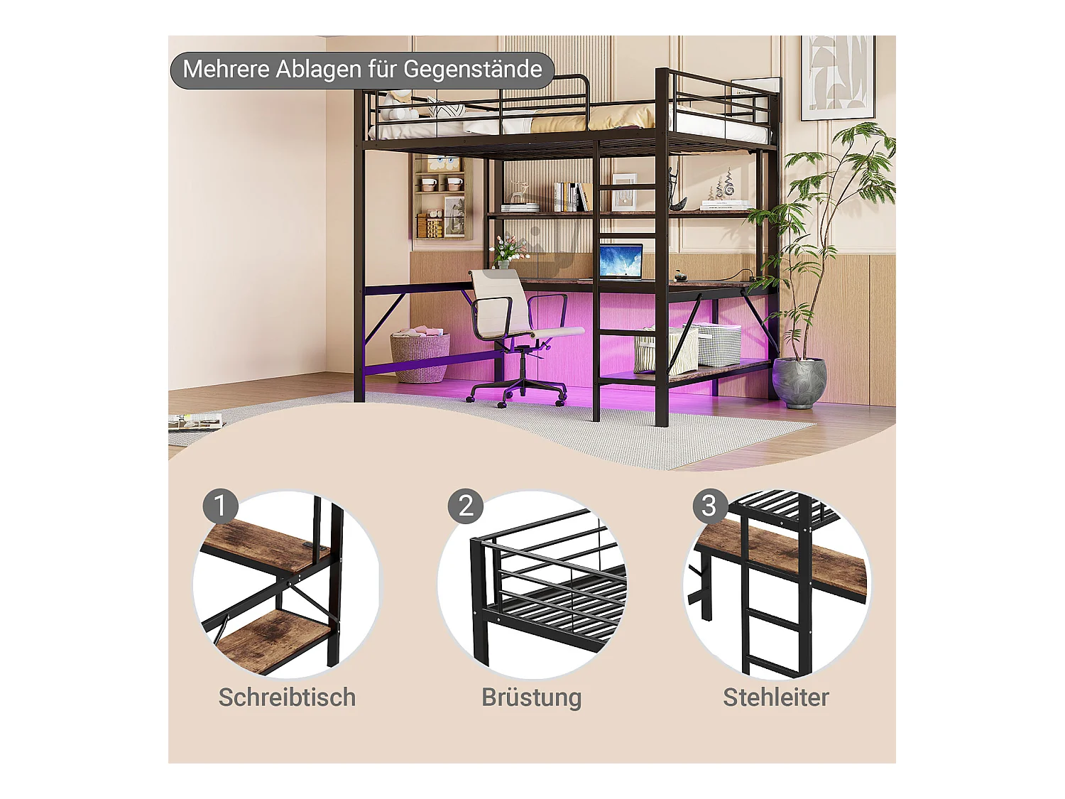 Lit mezzanine, 140x200 cm, avec échelle, USB, prise, LED, bureau et étagères, Métal, Noir (204x145x180 cm)