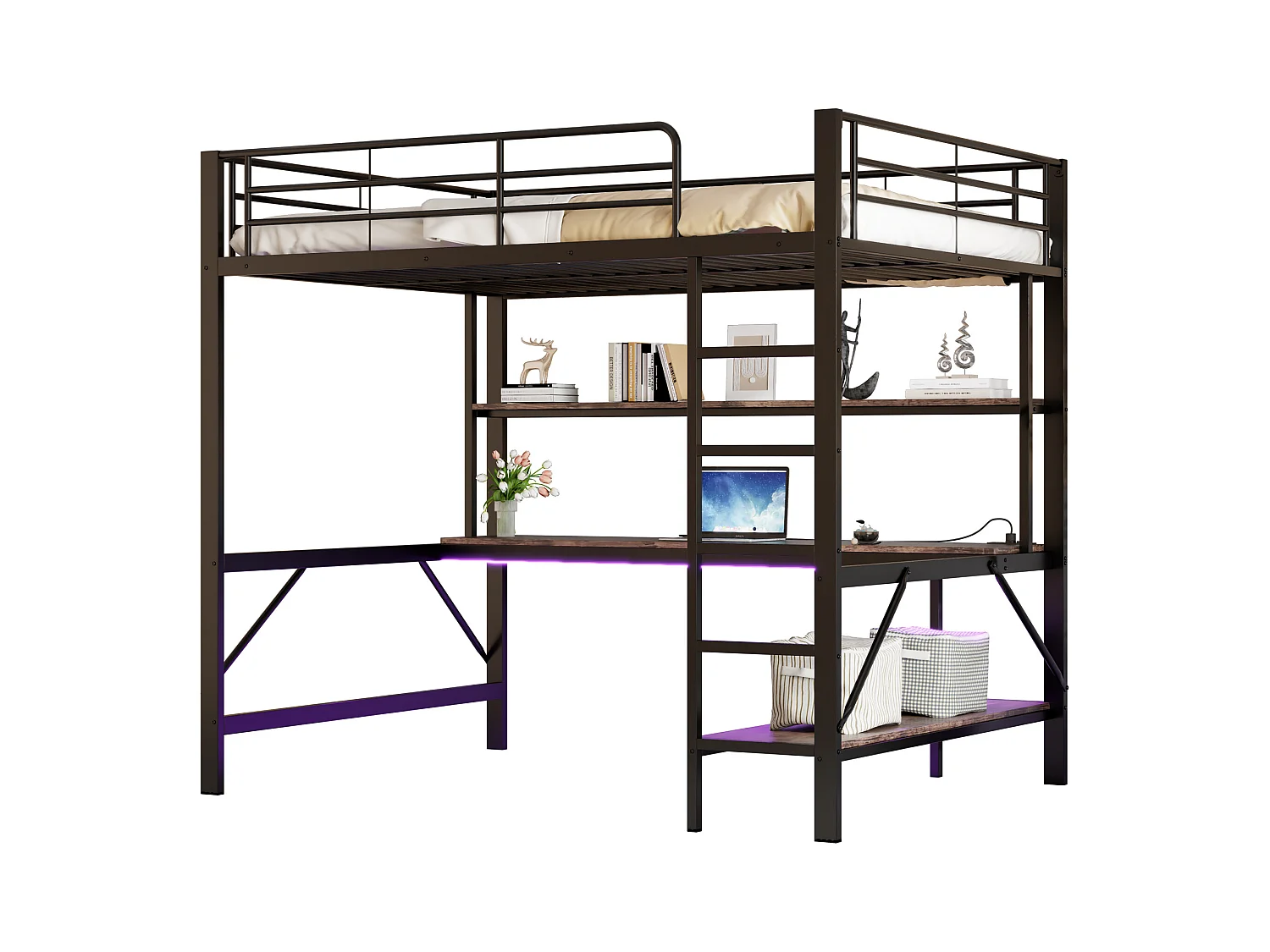 Lit mezzanine, 140x200 cm, avec échelle, USB, prise, LED, bureau et étagères, Métal, Noir (204x145x180 cm)