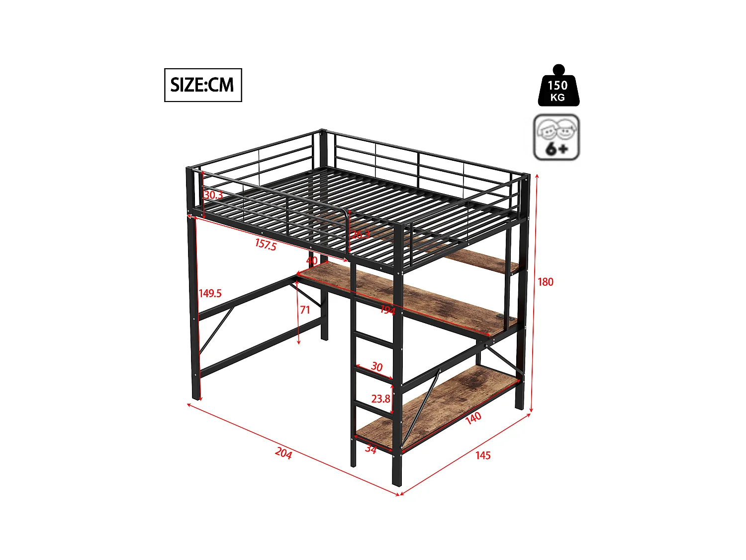 Lit mezzanine, 140x200 cm, avec échelle, USB, prise, LED, bureau et étagères, Métal, Noir (204x145x180 cm)