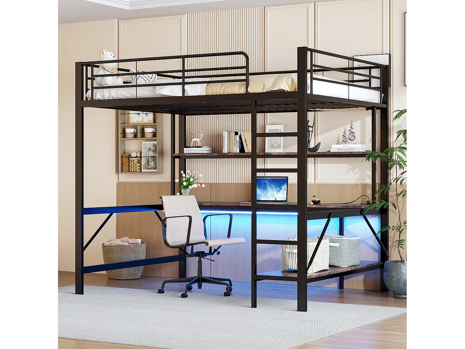 Lit mezzanine, 140x200 cm, avec échelle, USB, prise, LED, bureau et étagères, Métal, Noir (204x145x180 cm)