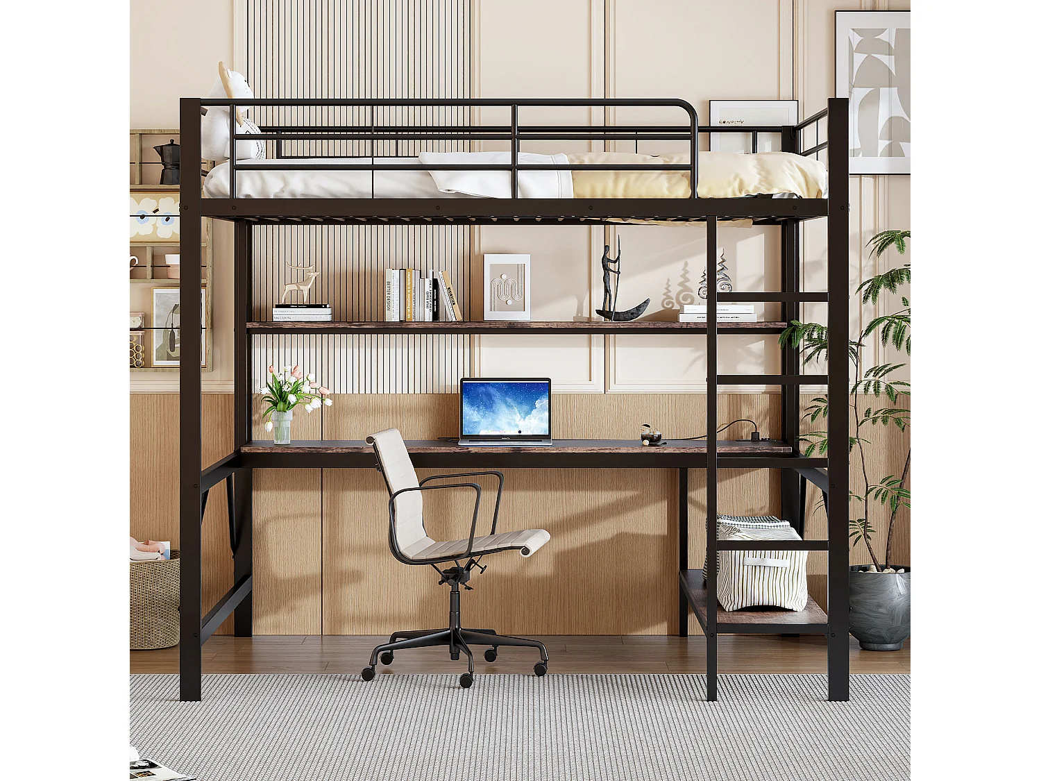 Lit mezzanine, 140x200 cm, avec échelle, USB, prise, LED, bureau et étagères, Métal, Noir (204x145x180 cm)