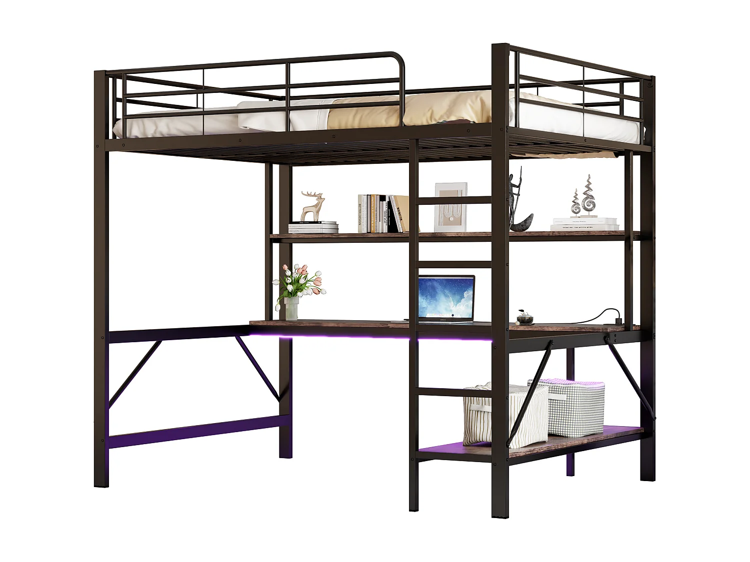 Lit mezzanine, 140x200 cm, avec échelle, USB, prise, LED, bureau et étagères, Métal, Noir (204x145x180 cm)