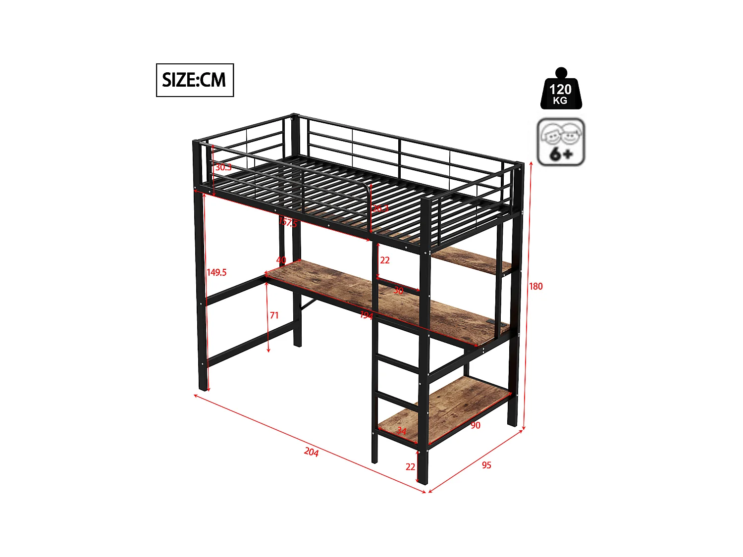 Lit mezzanine, 90x200 cm, avec garde-corps, échelle, USB, prise, LED, bureau, étagères, métal, noir (204x95x180 cm)