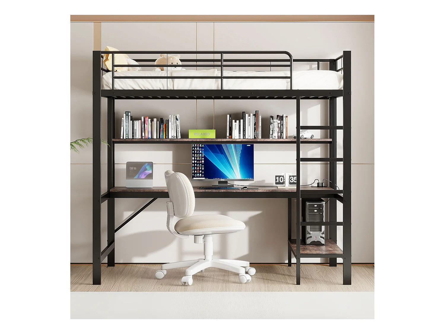 Lit mezzanine, 90x200 cm, avec garde-corps, échelle, USB, prise, LED, bureau, étagères, métal, noir (204x95x180 cm)