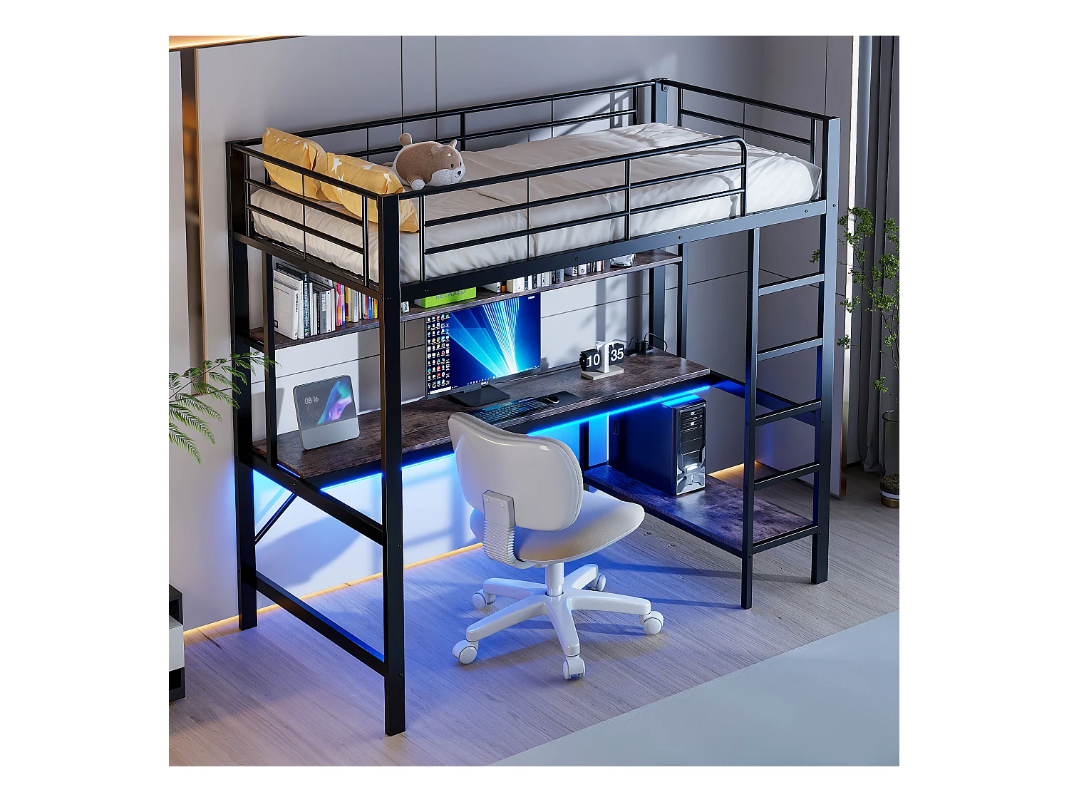 Lit mezzanine, 90x200 cm, avec garde-corps, échelle, USB, prise, LED, bureau, étagères, métal, noir (204x95x180 cm)