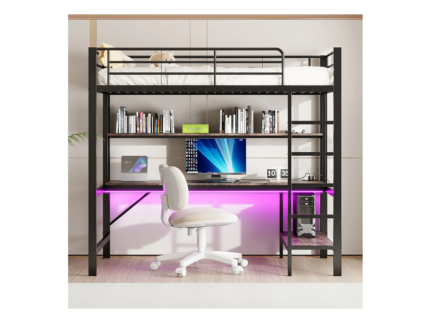 Lit mezzanine, 90x200 cm, avec garde-corps, échelle, USB, prise, LED, bureau, étagères, métal, noir (204x95x180 cm)