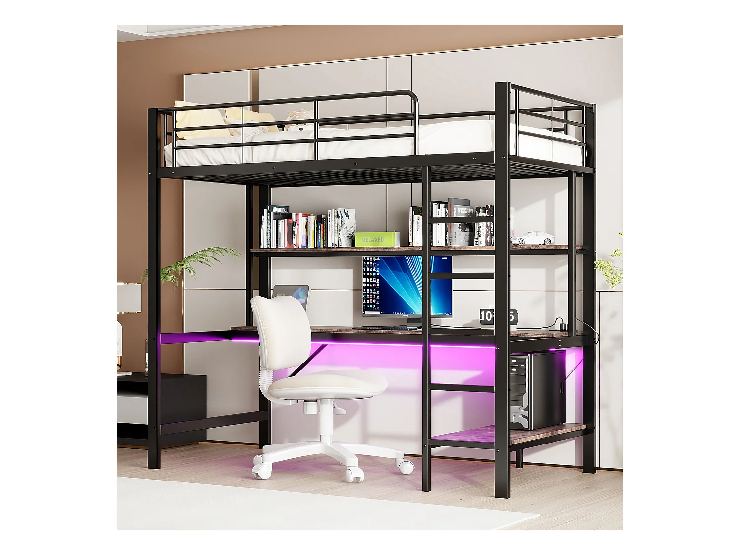 Lit mezzanine, 90x200 cm, avec garde-corps, échelle, USB, prise, LED, bureau, étagères, métal, noir (204x95x180 cm)