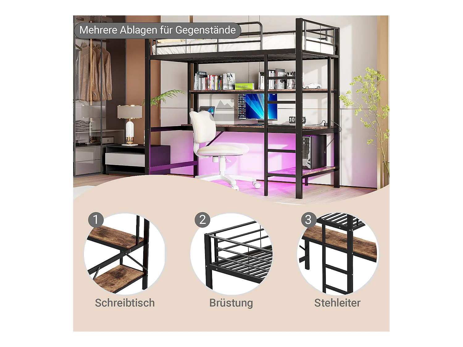 Lit mezzanine, 90x200 cm, avec garde-corps, échelle, USB, prise, LED, bureau, étagères, métal, noir (204x95x180 cm)