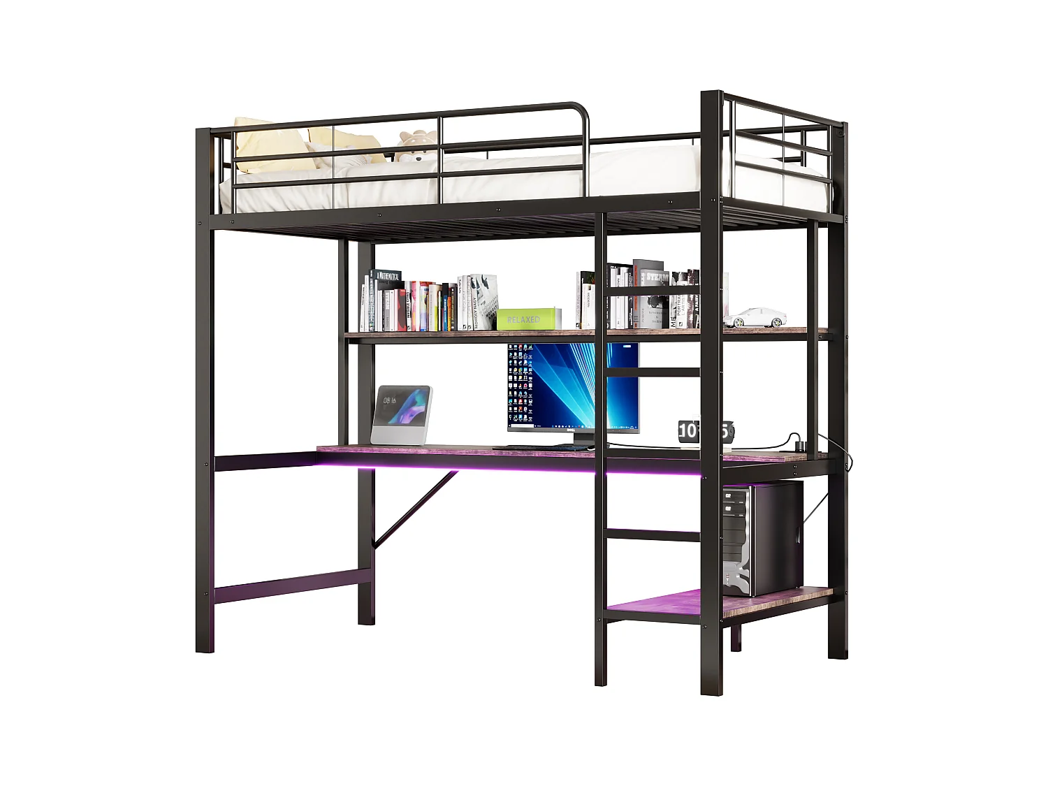 Lit mezzanine, 90x200 cm, avec garde-corps, échelle, USB, prise, LED, bureau, étagères, métal, noir (204x95x180 cm)