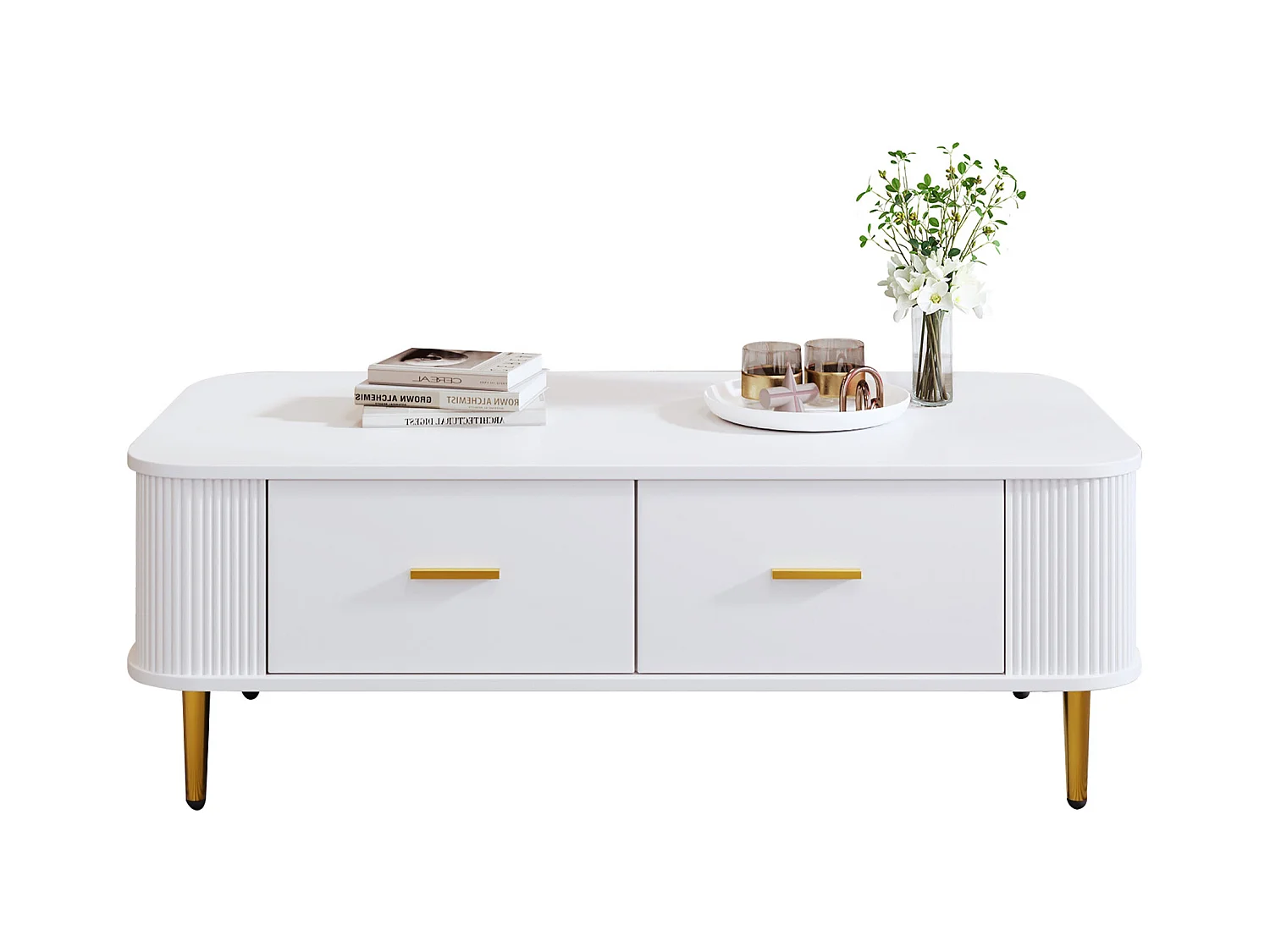 Table Basse avec Rangements, Design Moderne avec Coins Arrondis, MDF, Blanc et Or, 4 Tiroirs (105x51x38 cm)