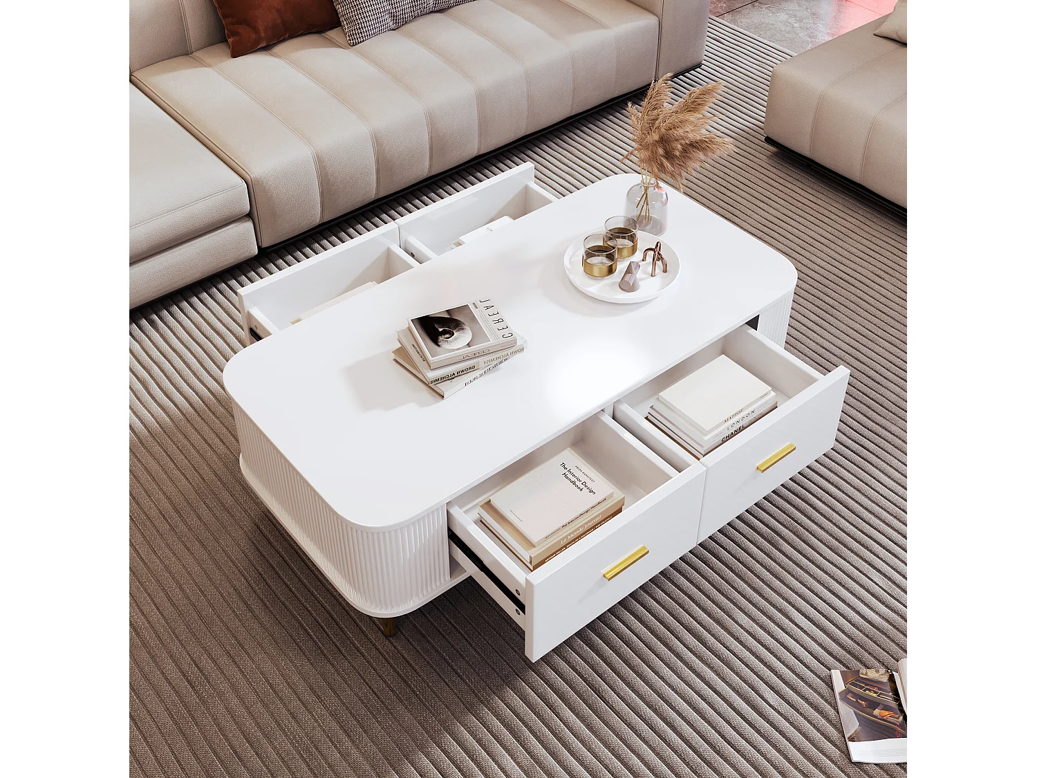 Table Basse avec Rangements, Design Moderne avec Coins Arrondis, MDF, Blanc et Or, 4 Tiroirs (105x51x38 cm)