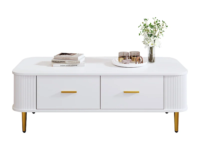 Table Basse avec Rangements, Design Moderne avec Coins Arrondis, MDF, Blanc et Or, 4 Tiroirs (105x51x38 cm)