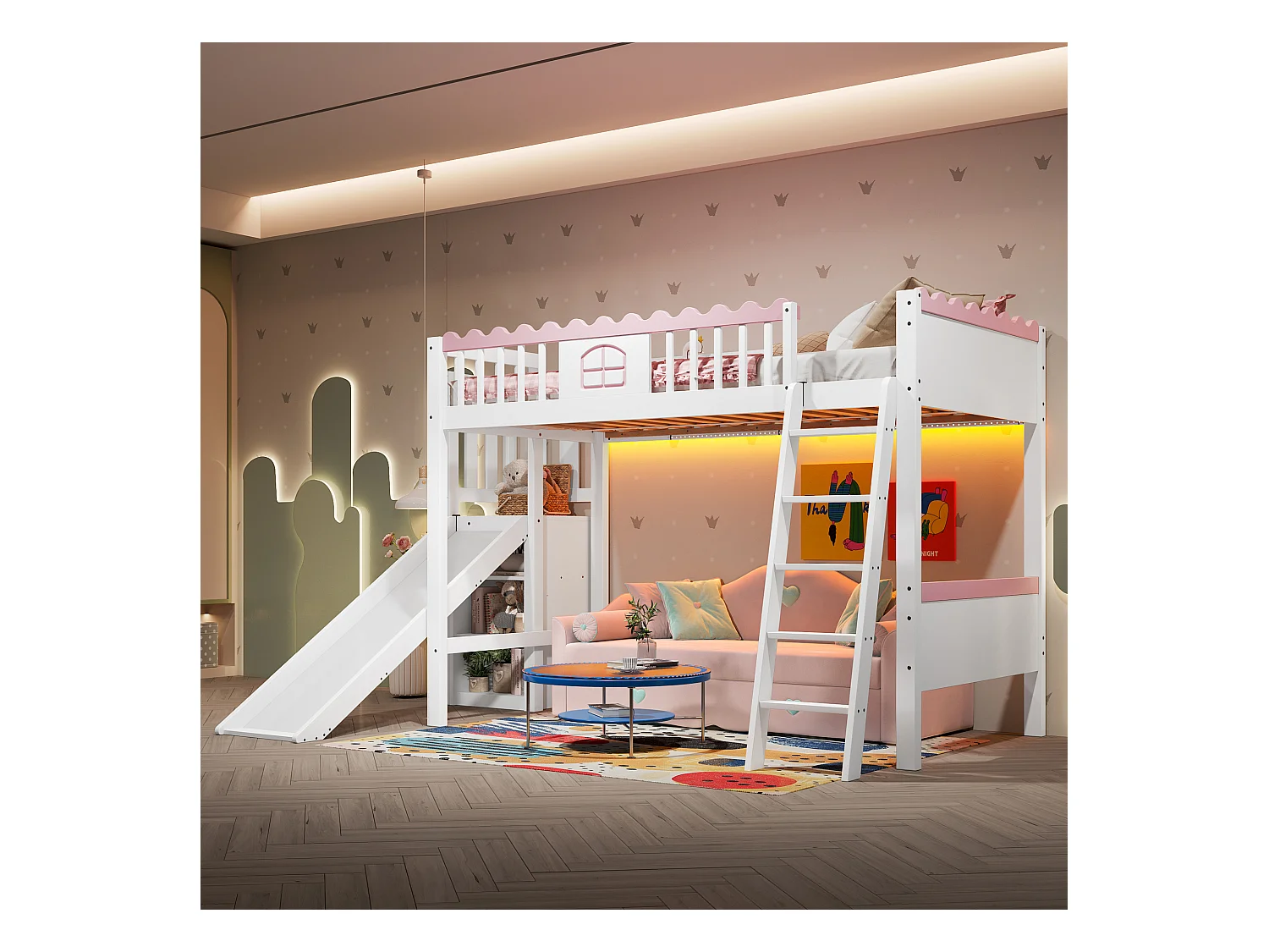 Lit mezzanine avec LED, étagères et toboggan, lit pour enfants, en pin, blanc (246.5x170.3x160.8 cm)