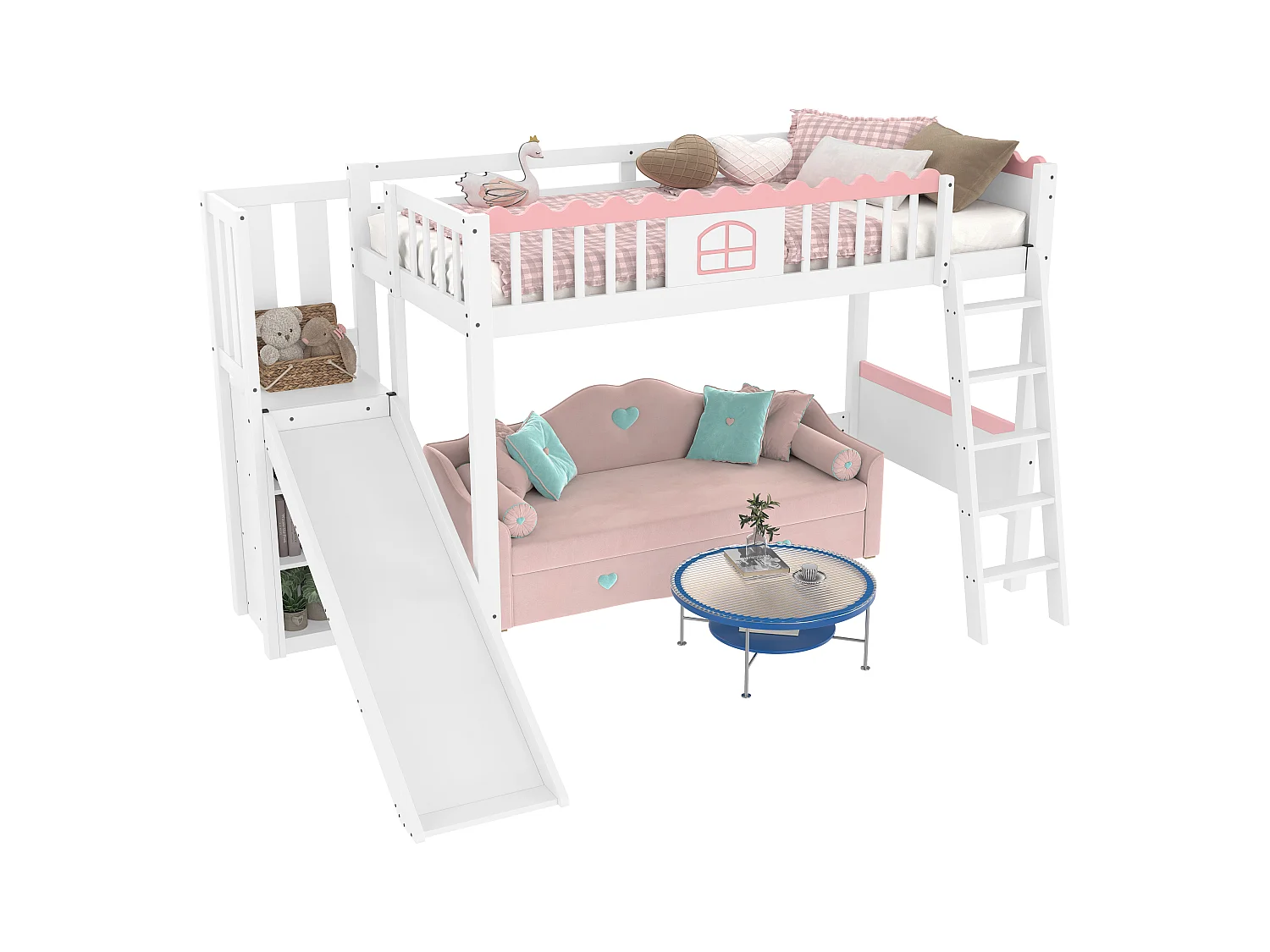 Lit mezzanine avec LED, étagères et toboggan, lit pour enfants, en pin, blanc (246.5x170.3x160.8 cm)