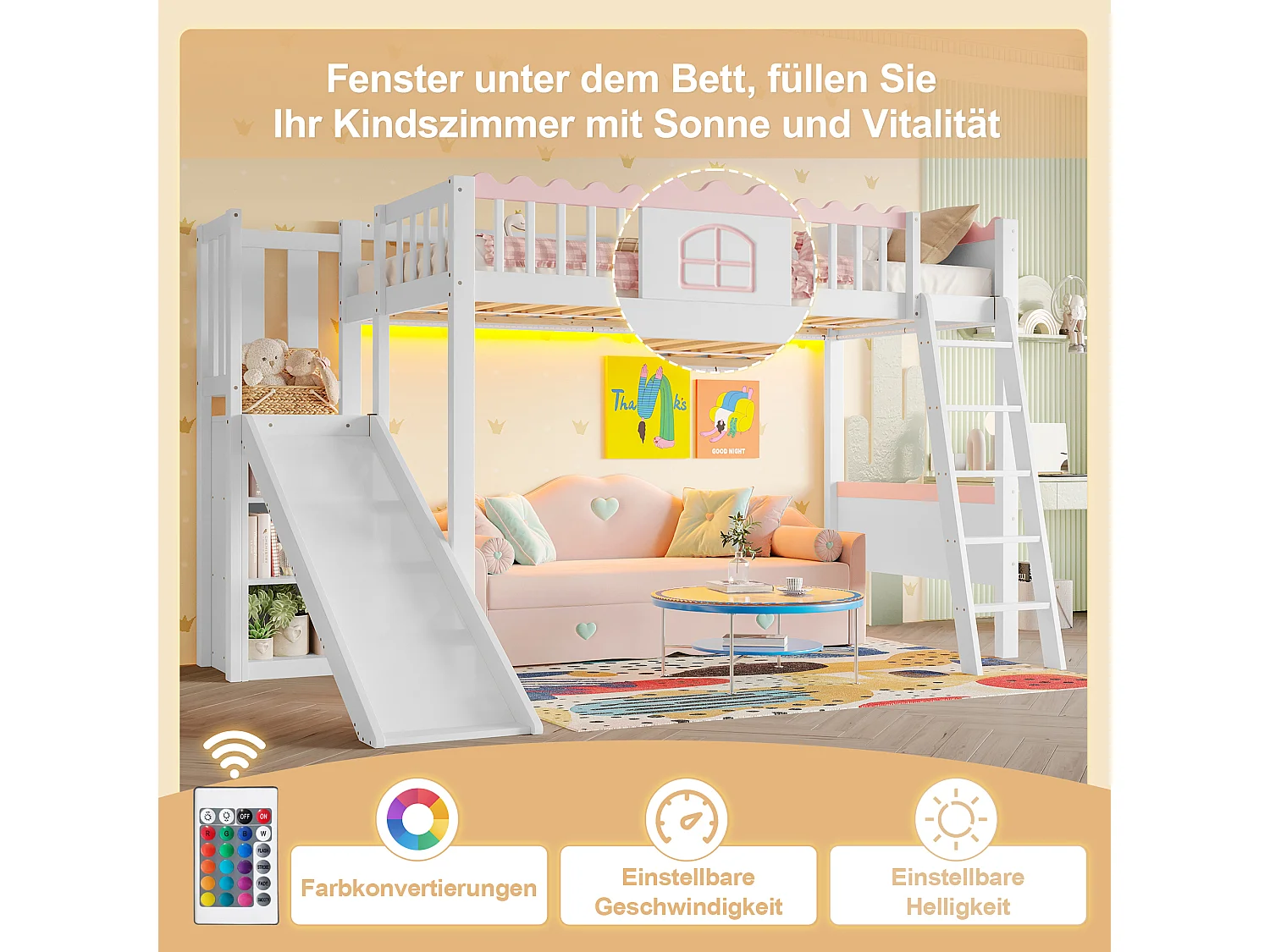 Lit mezzanine avec LED, étagères et toboggan, lit pour enfants, en pin, blanc (246.5x170.3x160.8 cm)