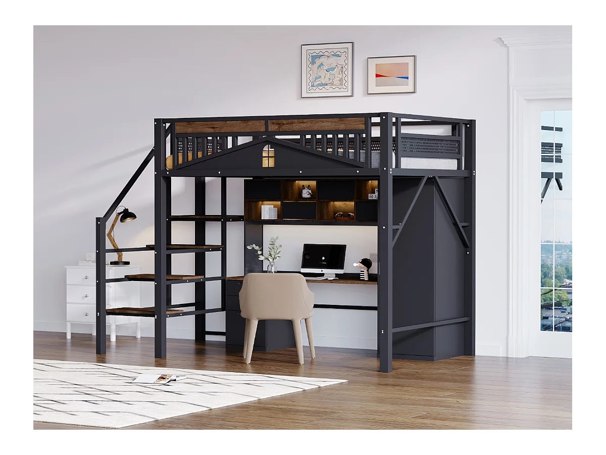 Lit mezzanine métal 140 x 200 cm, design unique avec fenêtres, échelle de sécurité, espace de rangement sous le lit, noir (255x145x170 cm)