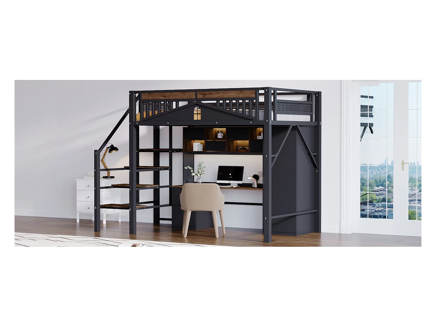 Lit mezzanine métal 140 x 200 cm, design unique avec fenêtres, échelle de sécurité, espace de rangement sous le lit, noir (255x145x170 cm)