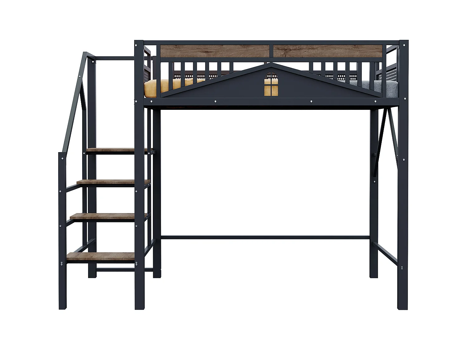 Lit mezzanine métal 140 x 200 cm, design unique avec fenêtres, échelle de sécurité, espace de rangement sous le lit, noir (255x145x170 cm)