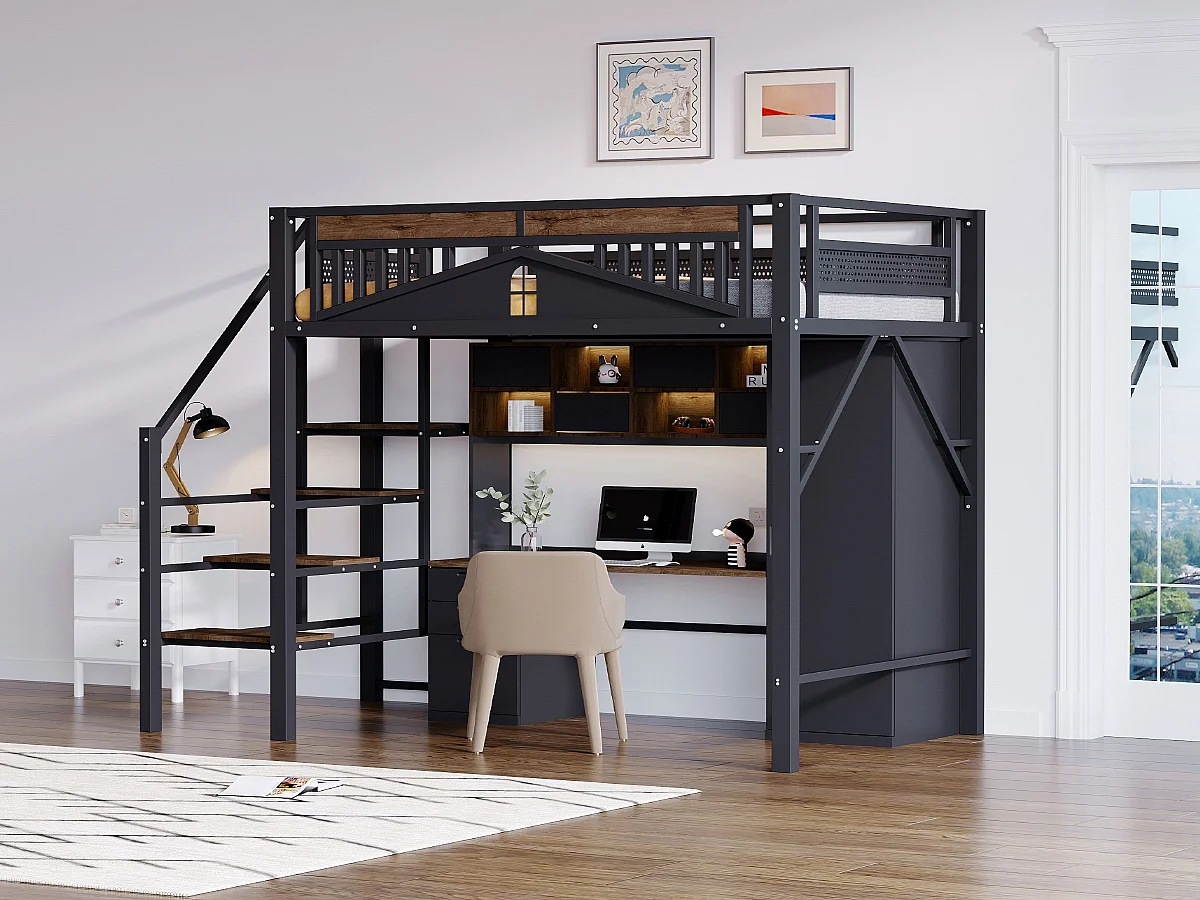 Lit mezzanine métal 140 x 200 cm, design unique avec fenêtres, échelle de sécurité, espace de rangement sous le lit, noir (255x145x170 cm)