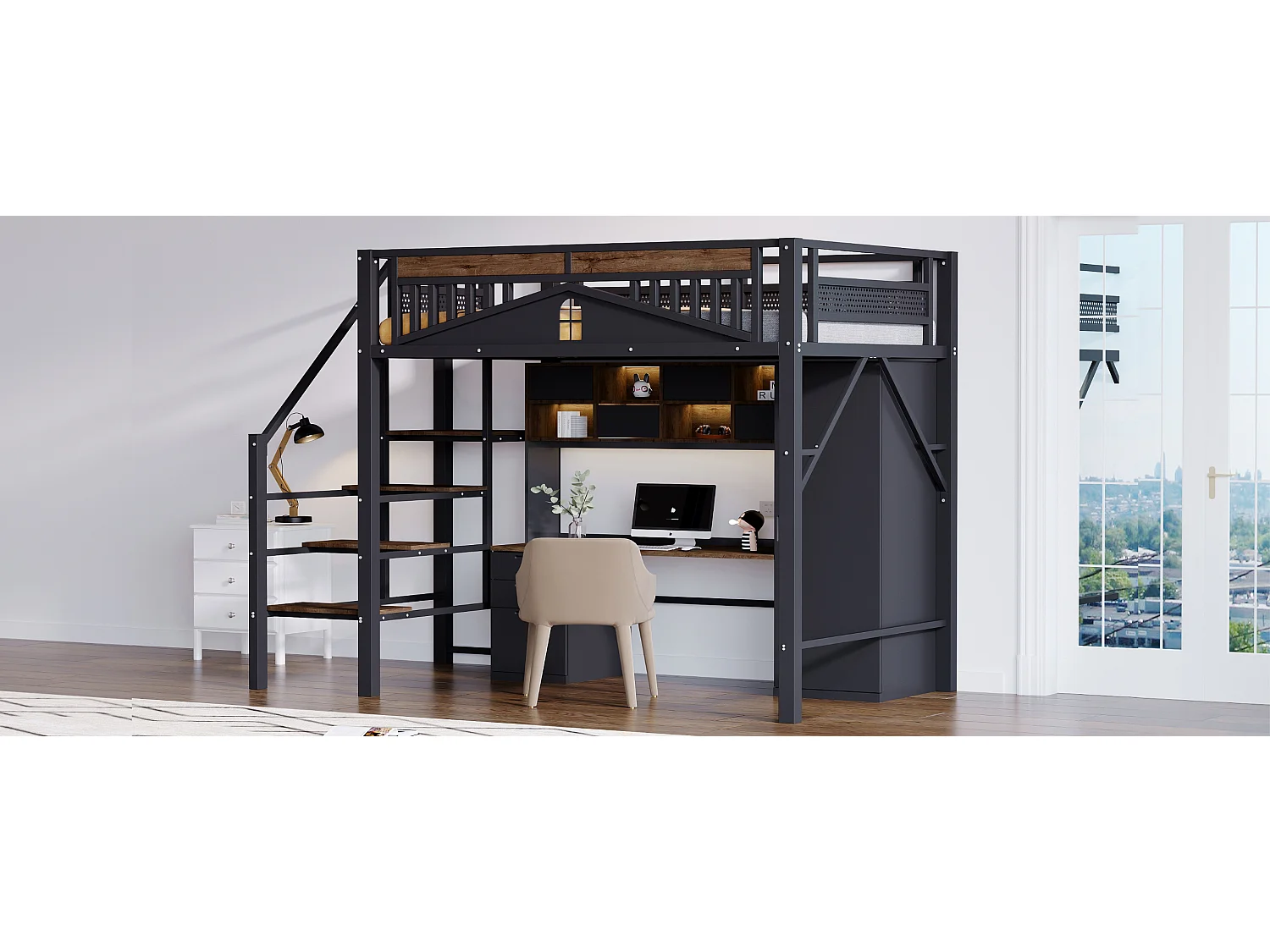 Lit mezzanine métal 140 x 200 cm, design unique avec fenêtres, échelle de sécurité, espace de rangement sous le lit, noir (255x145x170 cm)