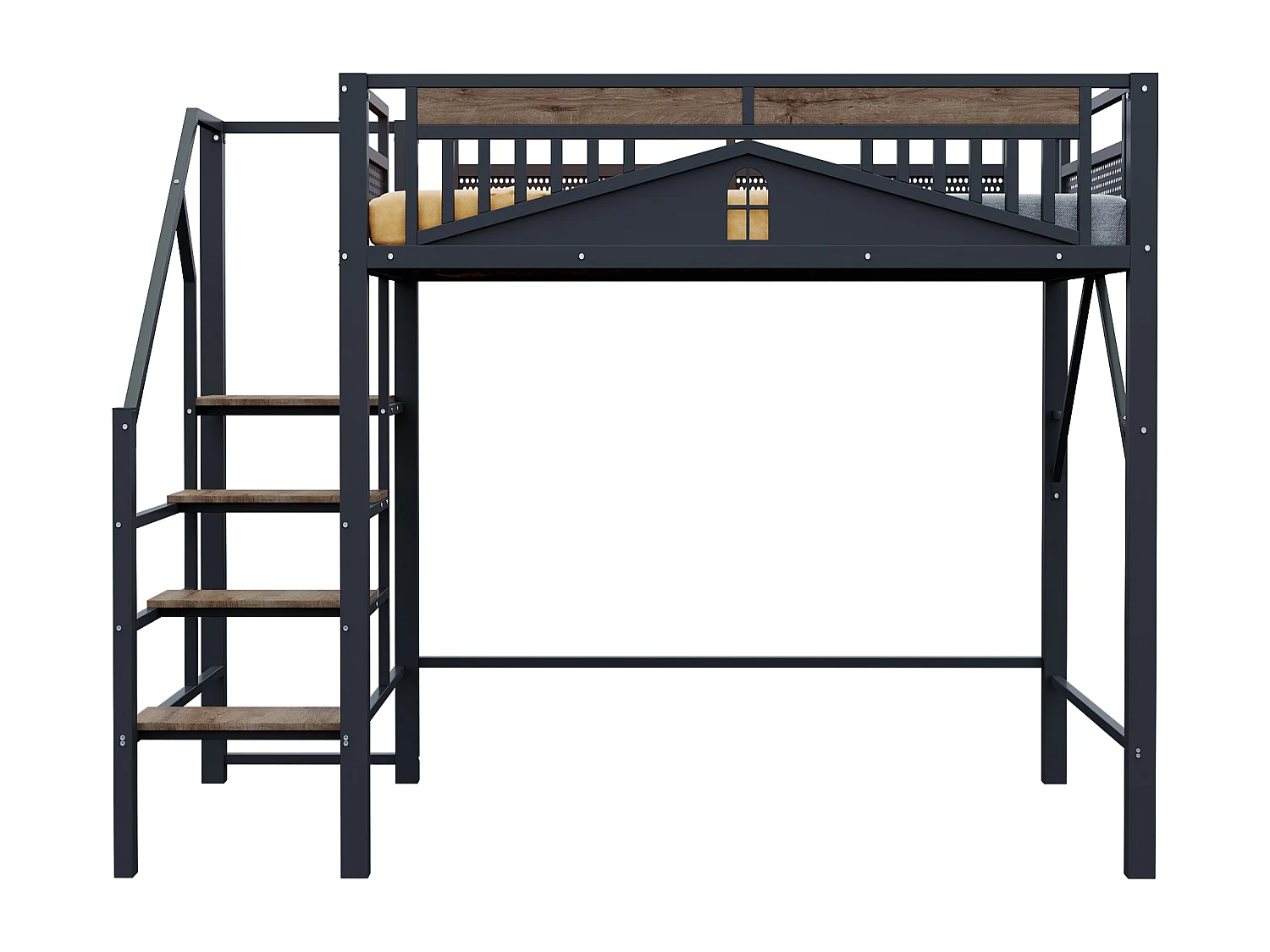 Lit mezzanine métal 140 x 200 cm, design unique avec fenêtres, échelle de sécurité, espace de rangement sous le lit, noir (255x145x170 cm)