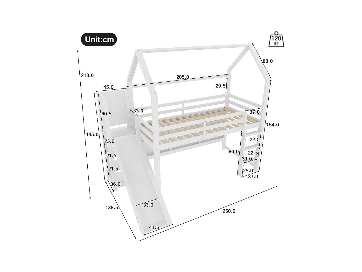 Lit mezzanine, 90x200 cm, avec LED, forme maison, étagères, barrières, blanc (250x138.5x213 cm)