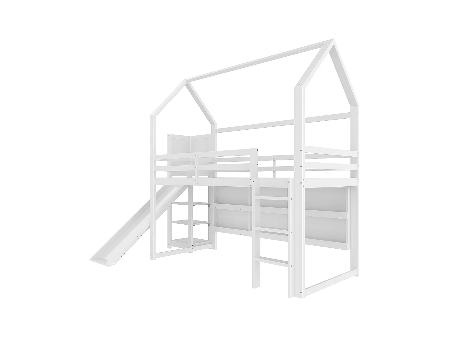 Lit mezzanine, 90x200 cm, avec LED, forme maison, étagères, barrières, blanc (250x138.5x213 cm)