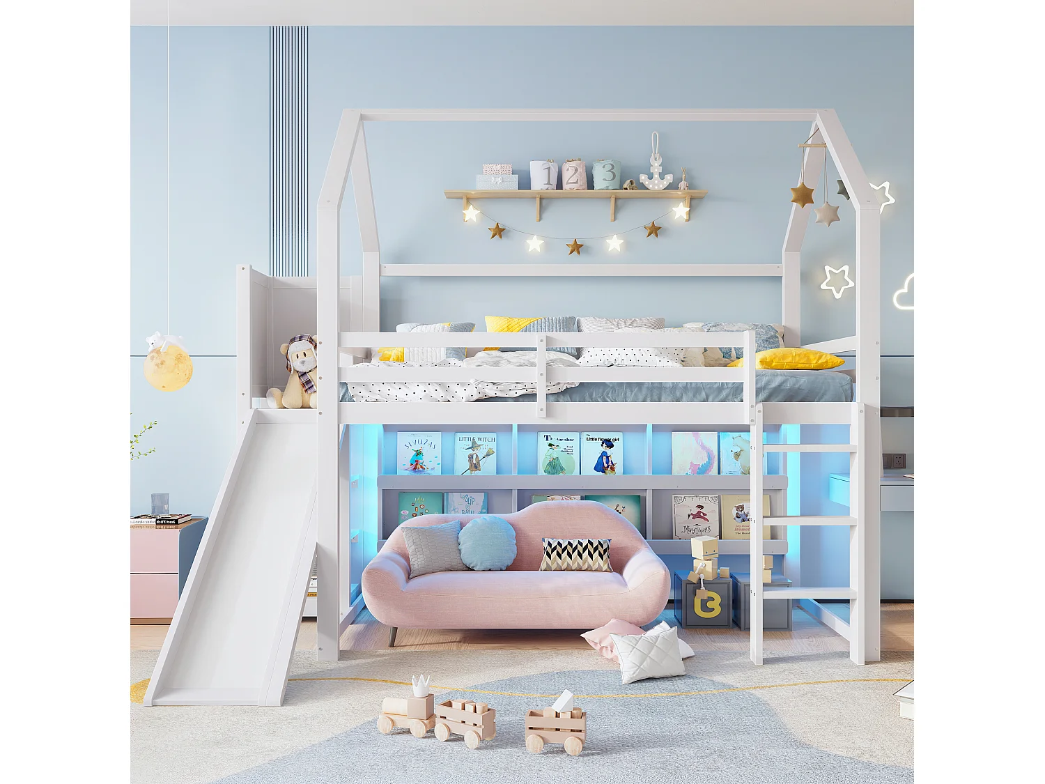 Lit mezzanine, 90x200 cm, avec LED, forme maison, étagères, barrières, blanc (250x138.5x213 cm)