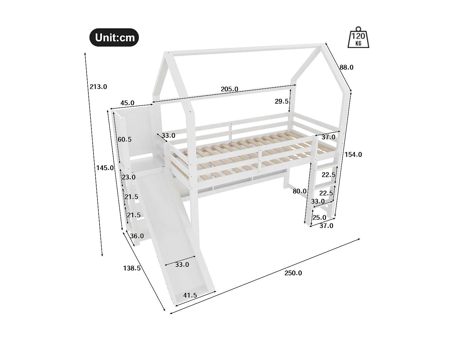 Lit mezzanine, 90x200 cm, avec LED, forme maison, étagères, barrières, blanc (250x138.5x213 cm)