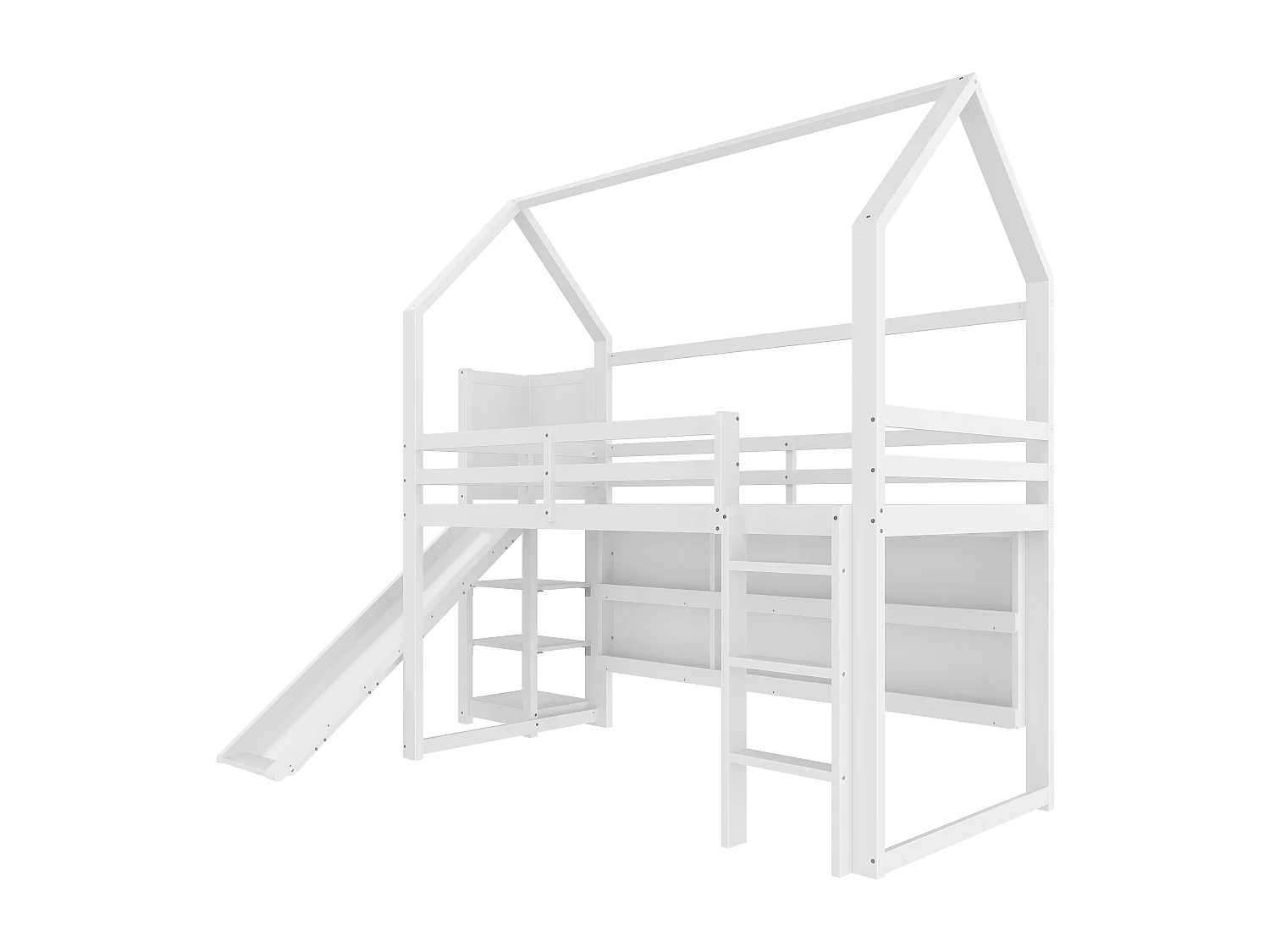 Lit mezzanine, 90x200 cm, avec LED, forme maison, étagères, barrières, blanc (250x138.5x213 cm)