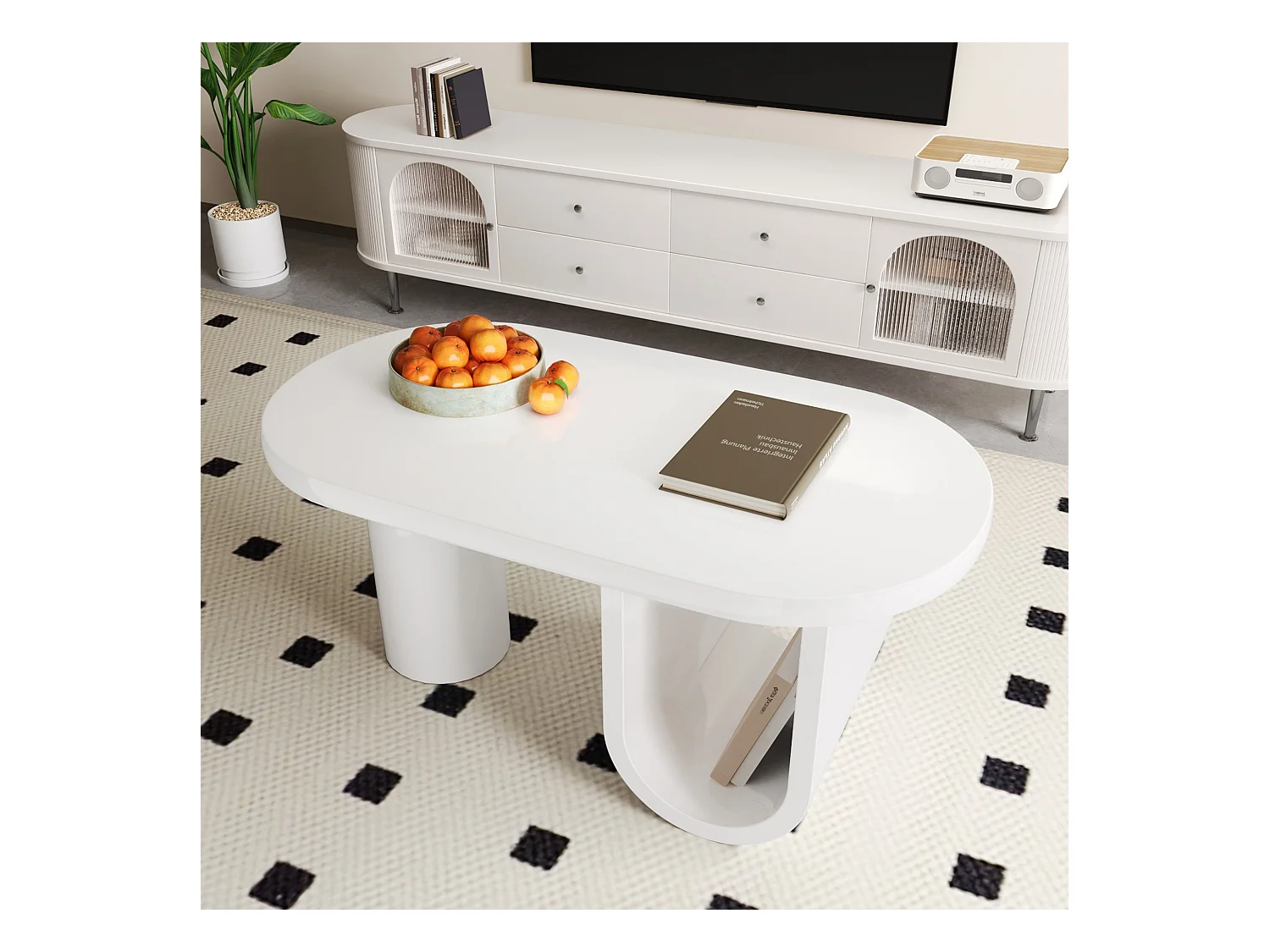 Table basse moderne ovale blanche, design épuré, pieds en U stables, surface facile à entretenir, espace de rangement pratique (98.5x53.5x42 cm)