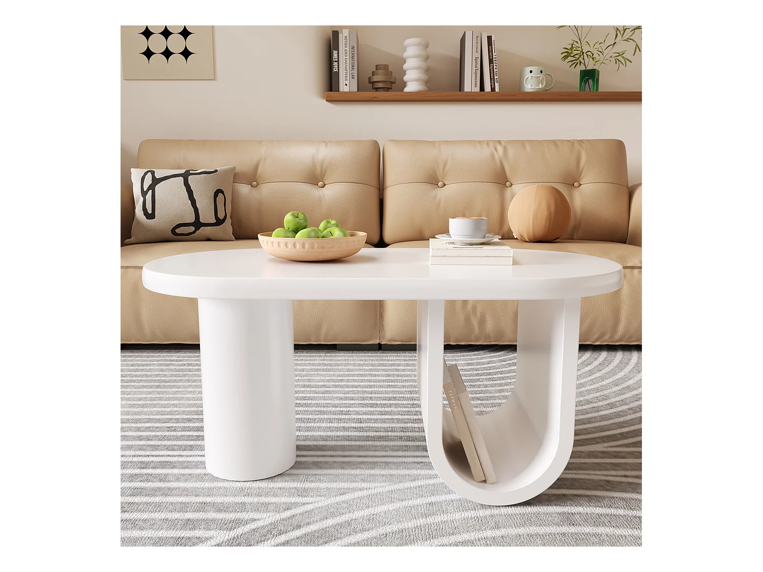 Table basse moderne ovale blanche, design épuré, pieds en U stables, surface facile à entretenir, espace de rangement pratique (98.5x53.5x42 cm)