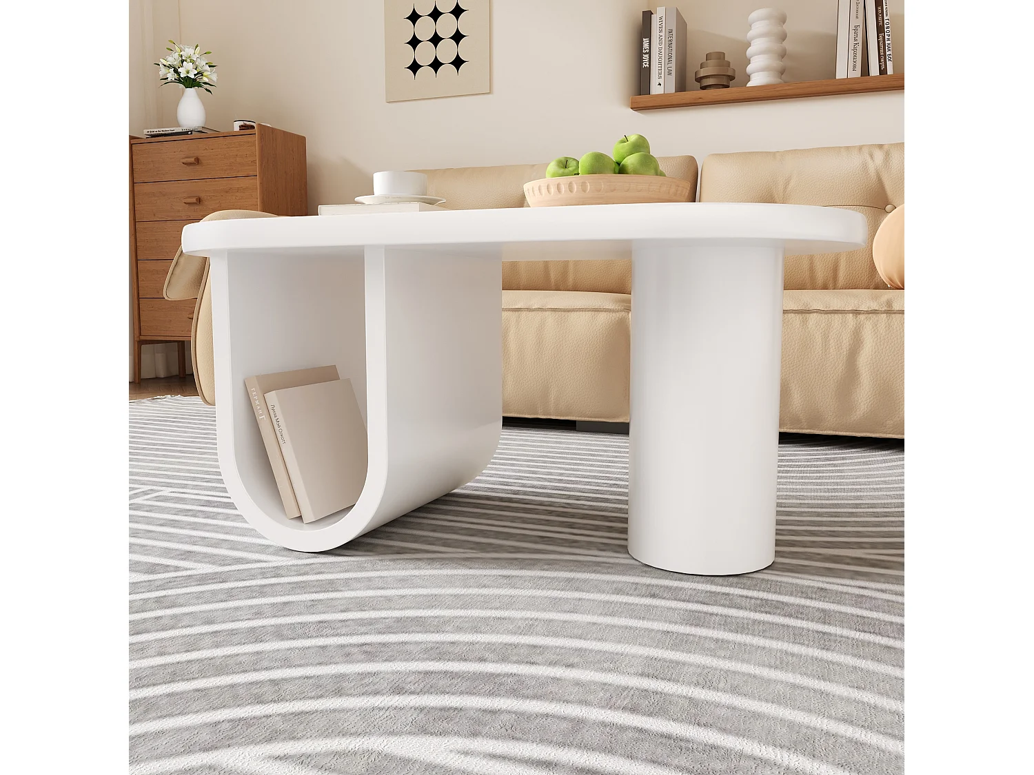Table basse moderne ovale blanche, design épuré, pieds en U stables, surface facile à entretenir, espace de rangement pratique (98.5x53.5x42 cm)
