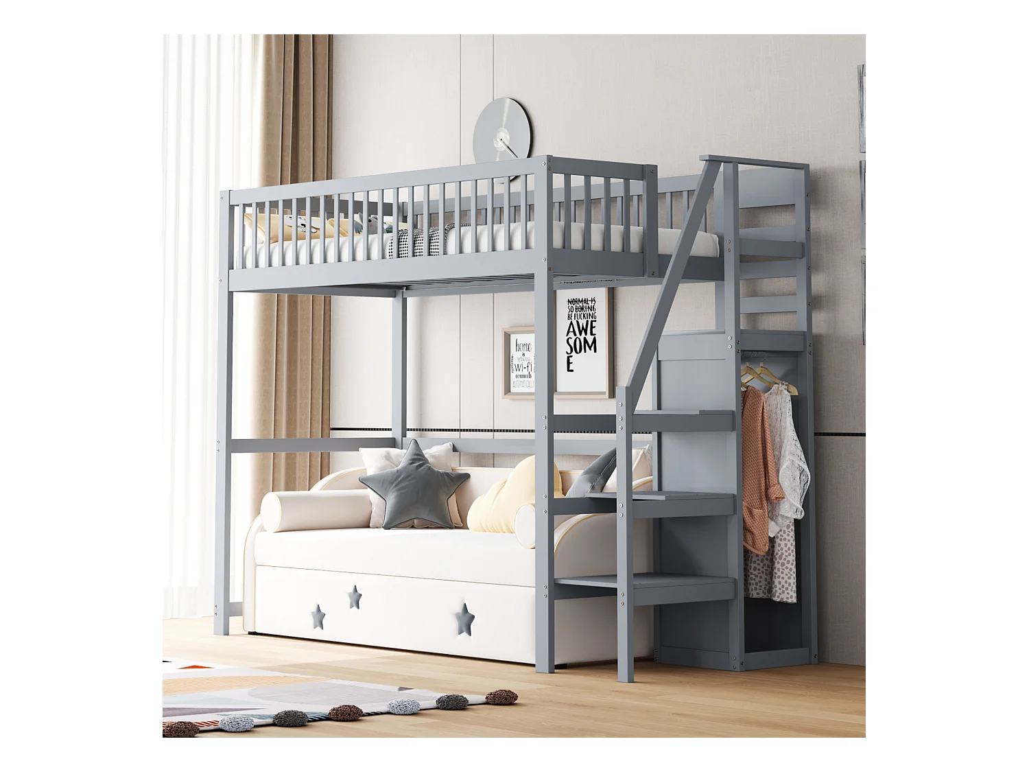 Lit mezzanine 90x200 cm avec échelle, étagères et rangement, cadre en bois, gris (245x95x179.7 cm)