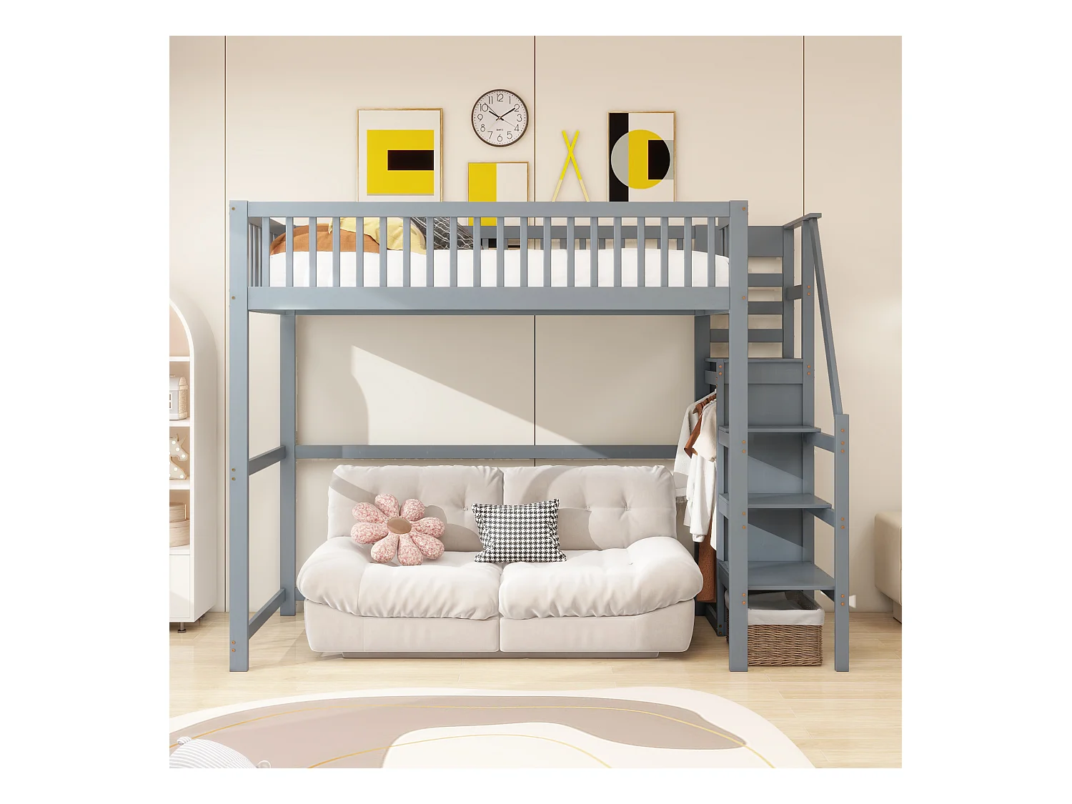 Lit mezzanine 90x200 cm avec échelle, étagères et rangement, cadre en bois, gris (245x95x179.7 cm)