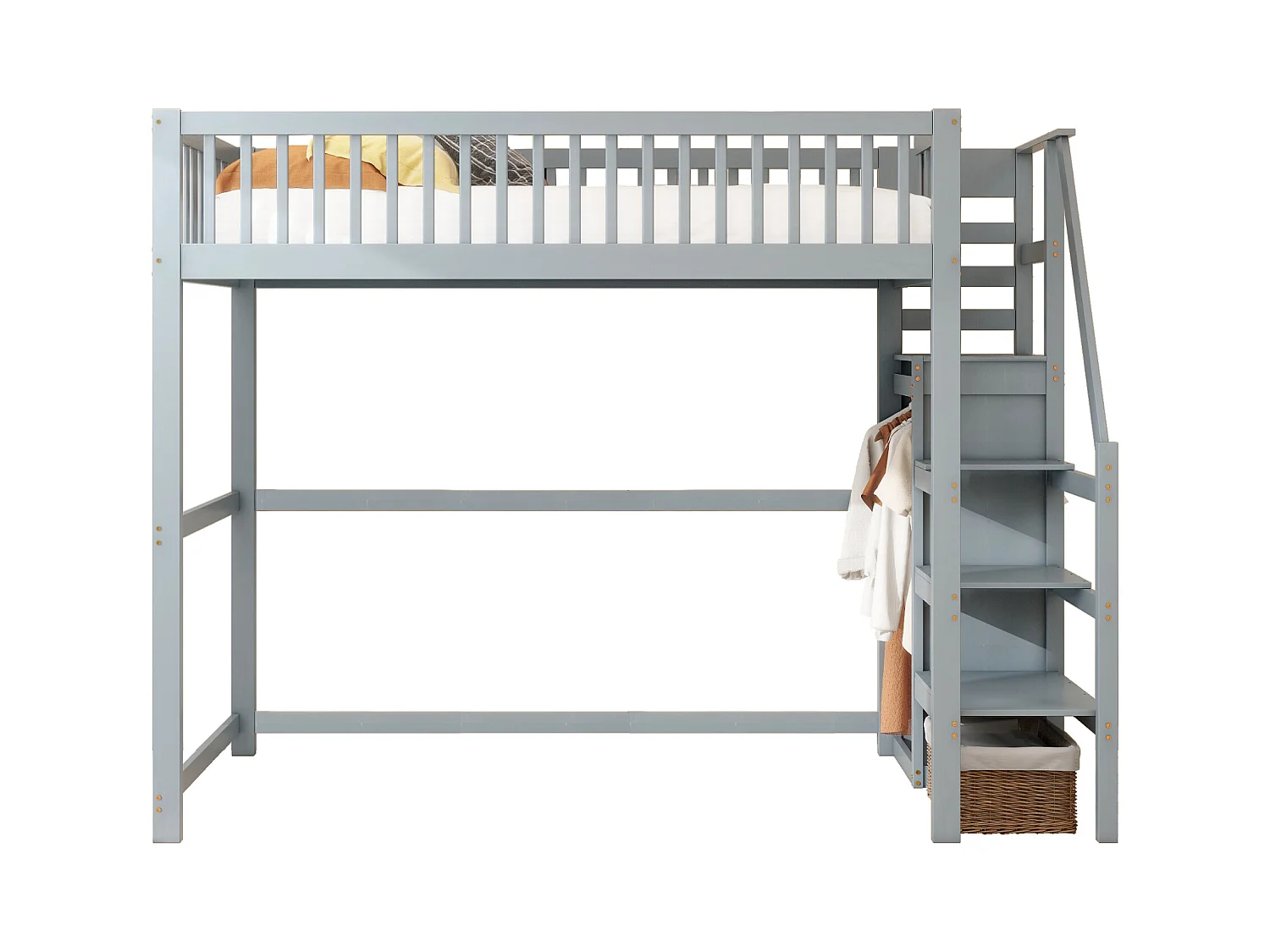 Lit mezzanine 90x200 cm avec échelle, étagères et rangement, cadre en bois, gris (245x95x179.7 cm)