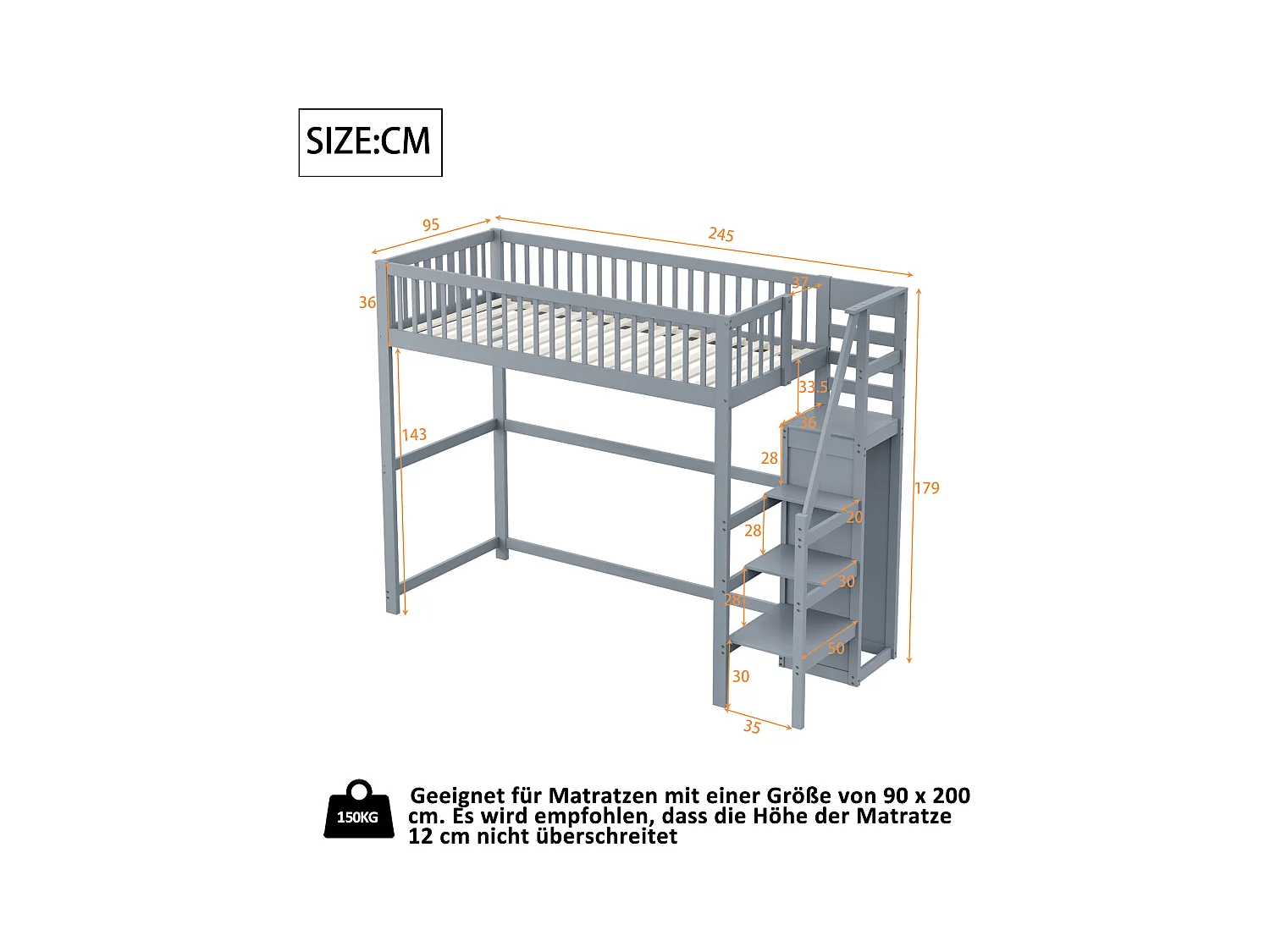Lit mezzanine 90x200 cm avec échelle, étagères et rangement, cadre en bois, gris (245x95x179.7 cm)