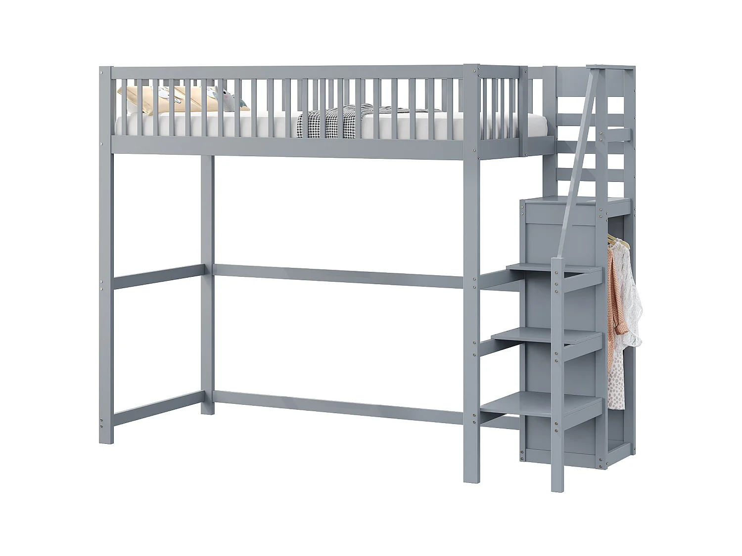 Lit mezzanine 90x200 cm avec échelle, étagères et rangement, cadre en bois, gris (245x95x179.7 cm)
