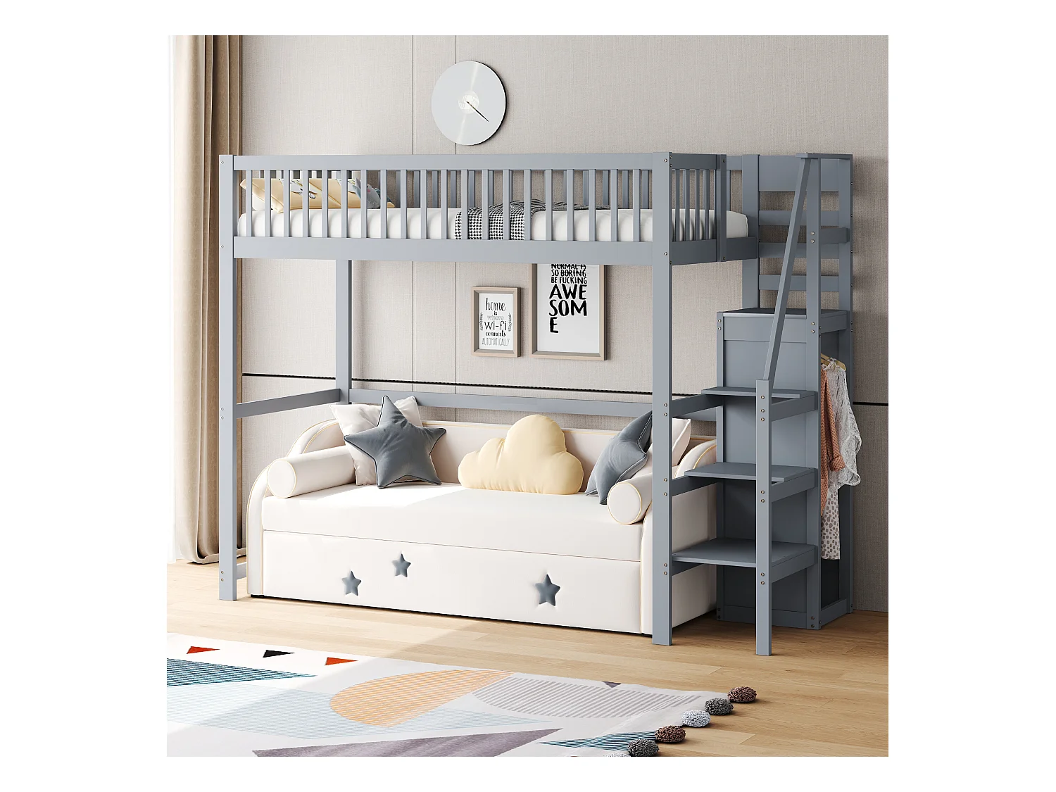 Cama alta de 90x200 cm con escalera, estantes y espacio de almacenaje, estructura de madera, color gris (245x95x179,7 cm)