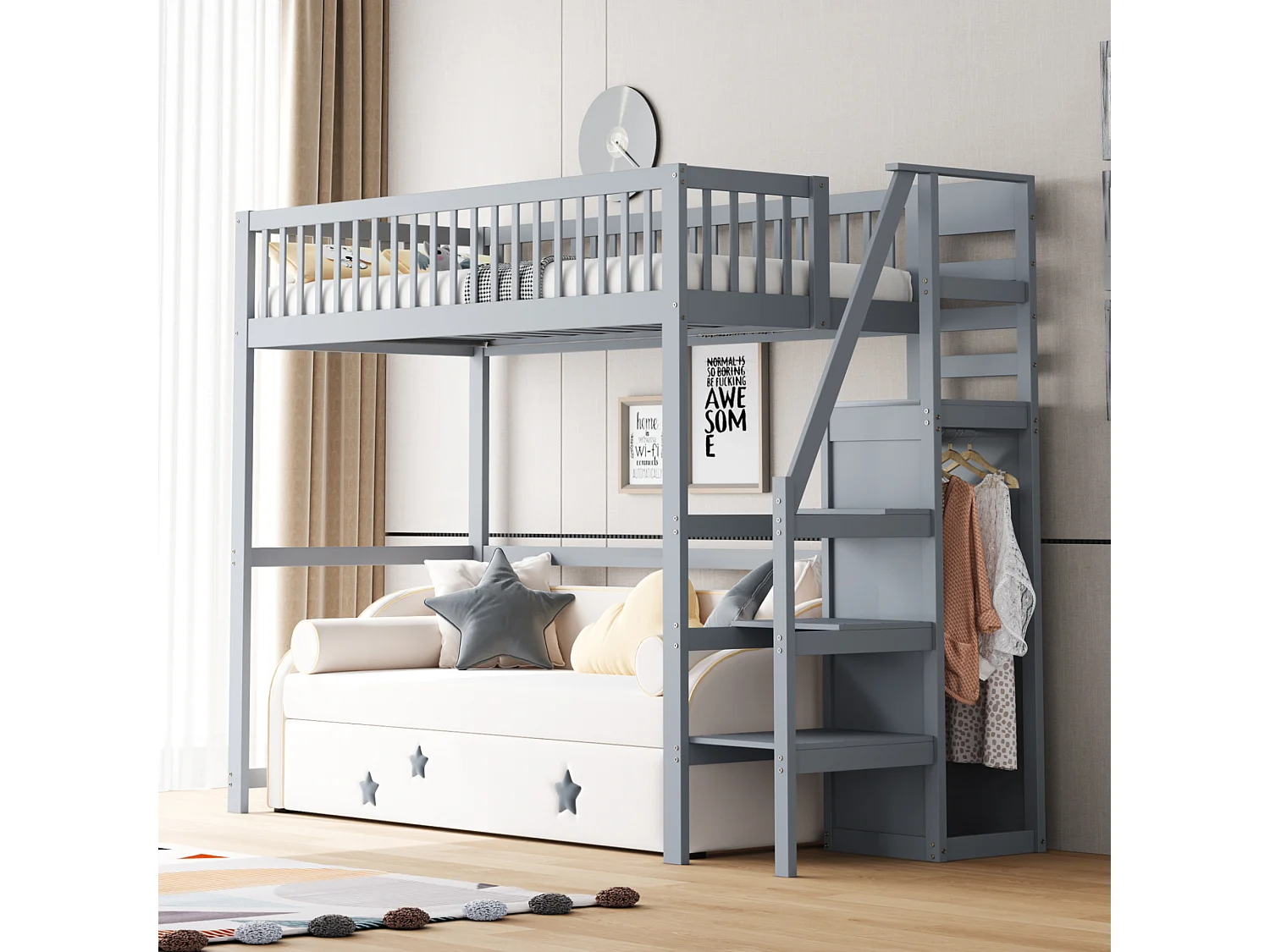 Lit mezzanine 90x200 cm avec échelle, étagères et rangement, cadre en bois, gris (245x95x179.7 cm)