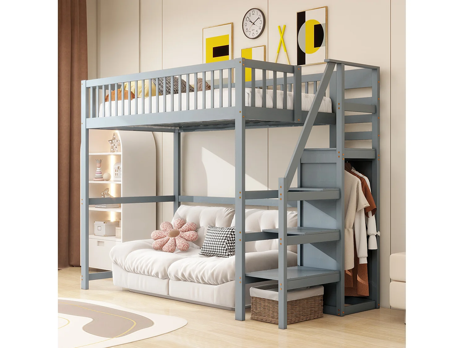 Lit mezzanine 90x200 cm avec échelle, étagères et rangement, cadre en bois, gris (245x95x179.7 cm)