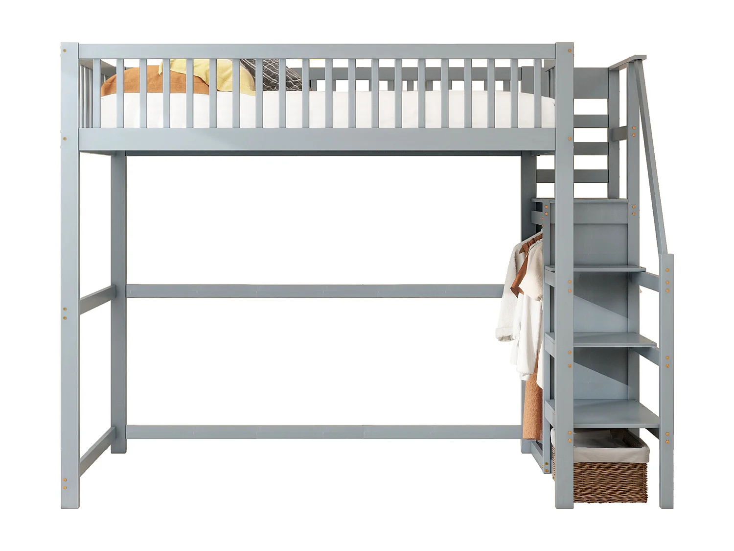 Lit mezzanine 90x200 cm avec échelle, étagères et rangement, cadre en bois, gris (245x95x179.7 cm)