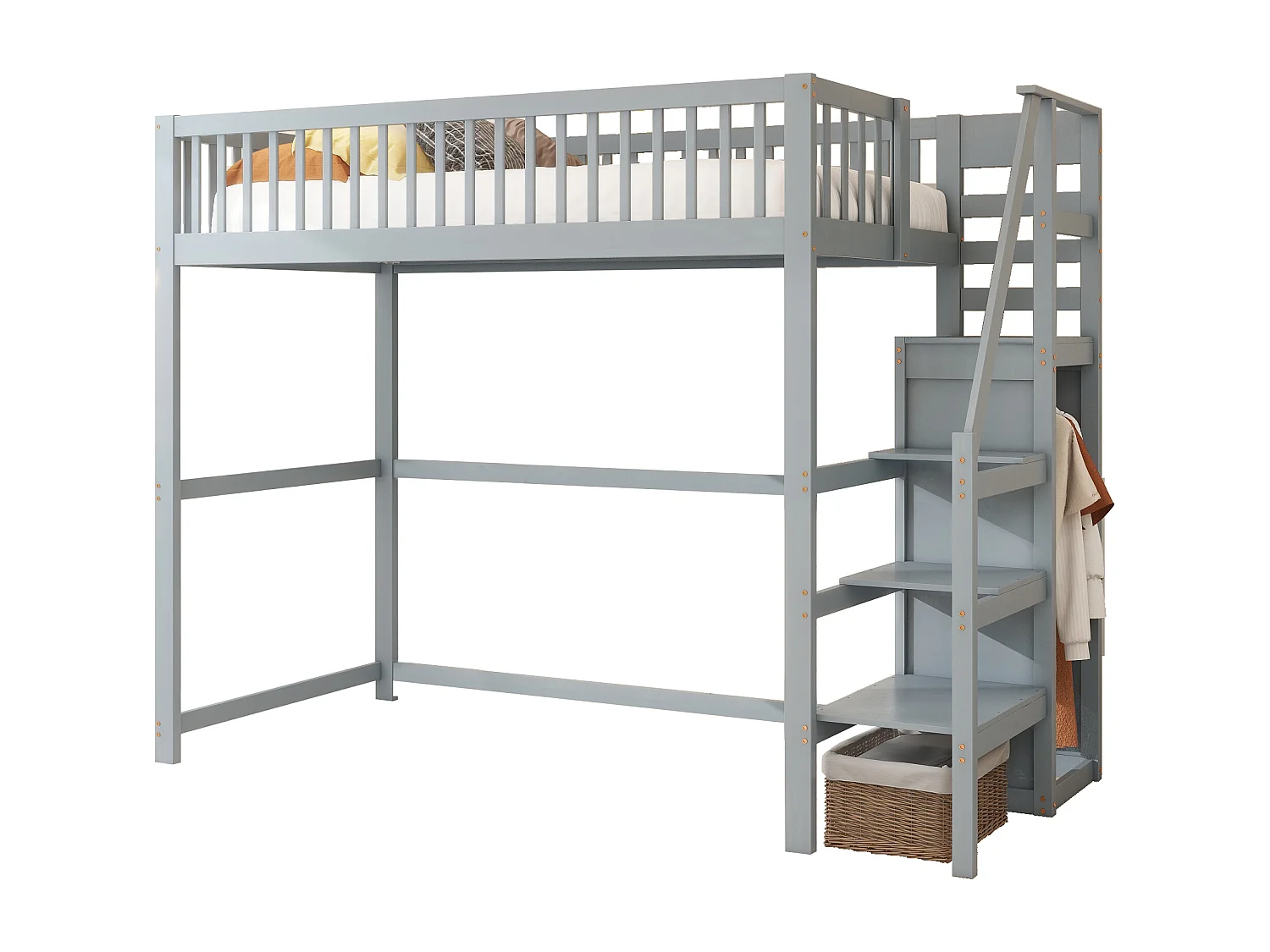 Lit mezzanine 90x200 cm avec échelle, étagères et rangement, cadre en bois, gris (245x95x179.7 cm)