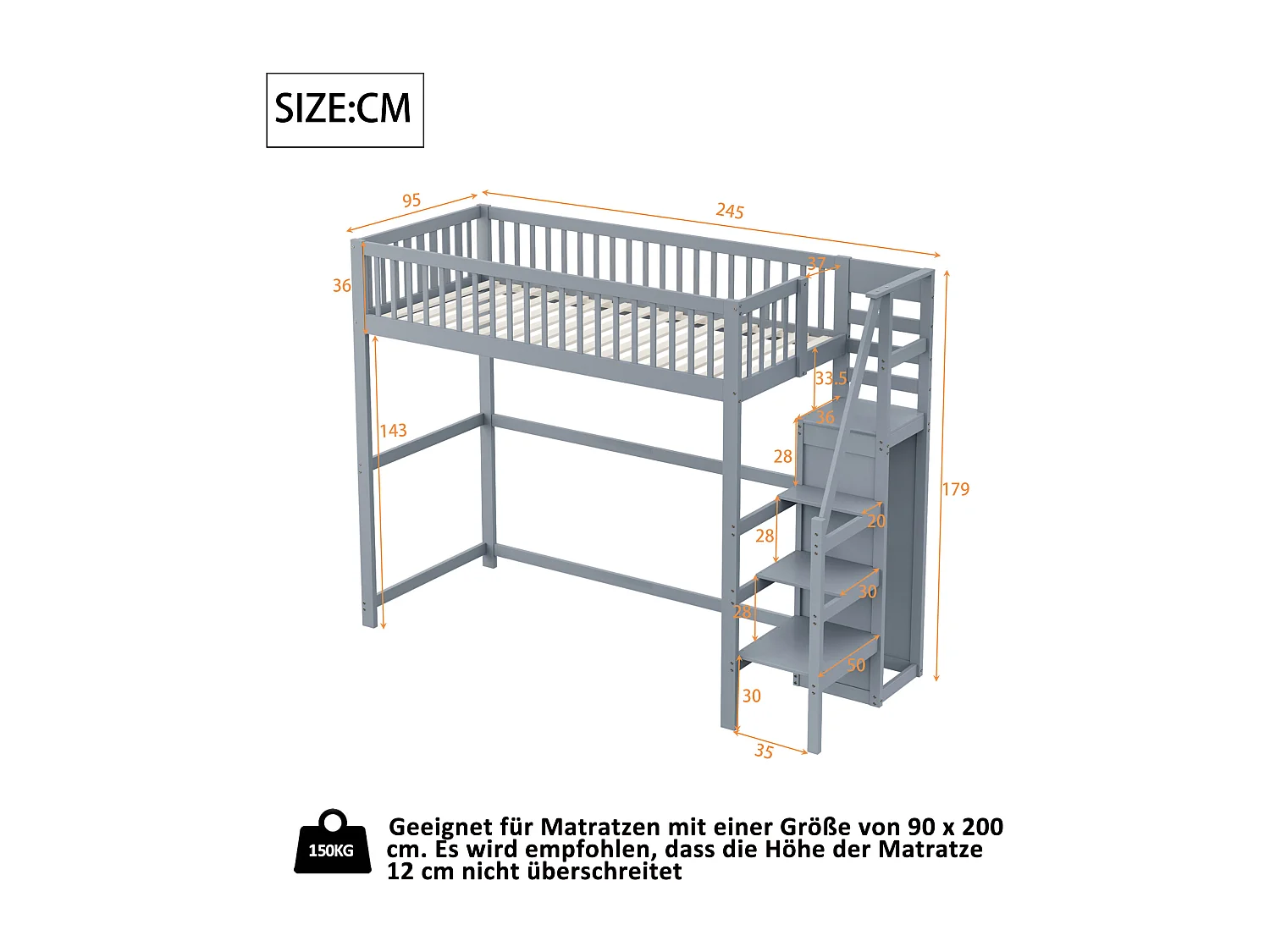 Lit mezzanine 90x200 cm avec échelle, étagères et rangement, cadre en bois, gris (245x95x179.7 cm)