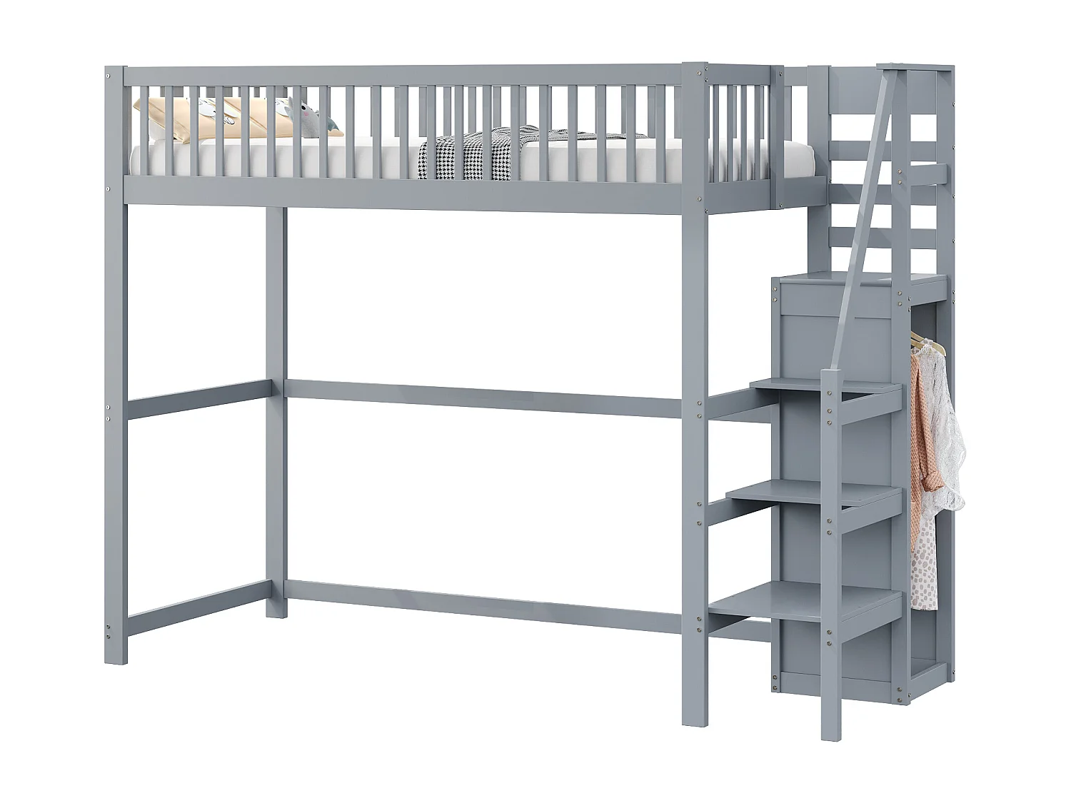 Lit mezzanine 90x200 cm avec échelle, étagères et rangement, cadre en bois, gris (245x95x179.7 cm)