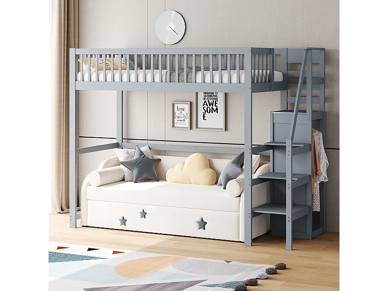 Hoogslaper 90x200 cm met ladder, planken en opbergruimte, houten frame, grijs (245x95x179,7 cm)